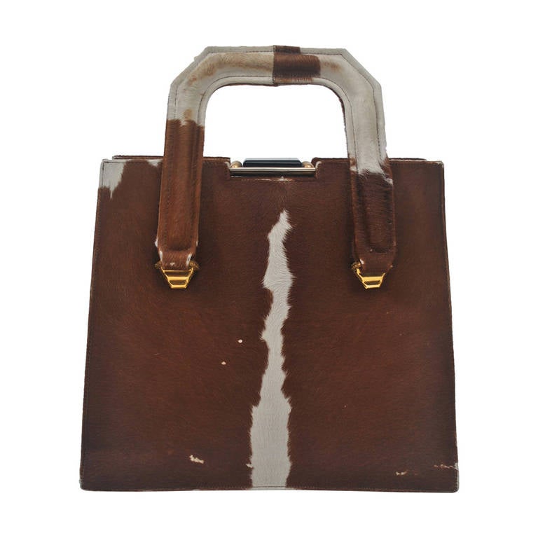 Cowhide Handbag with Bakelite Clasp For Sale