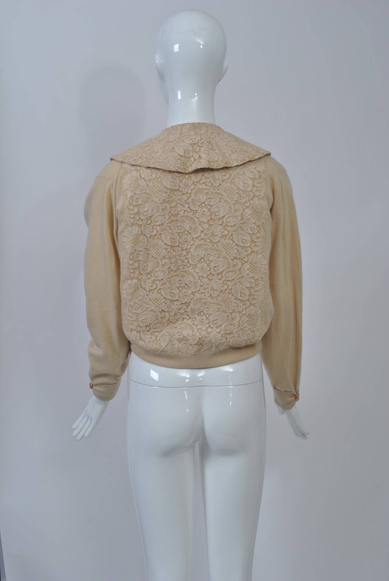Beige Cashmere Cardigan with Lace In Good Condition For Sale In Alford, MA