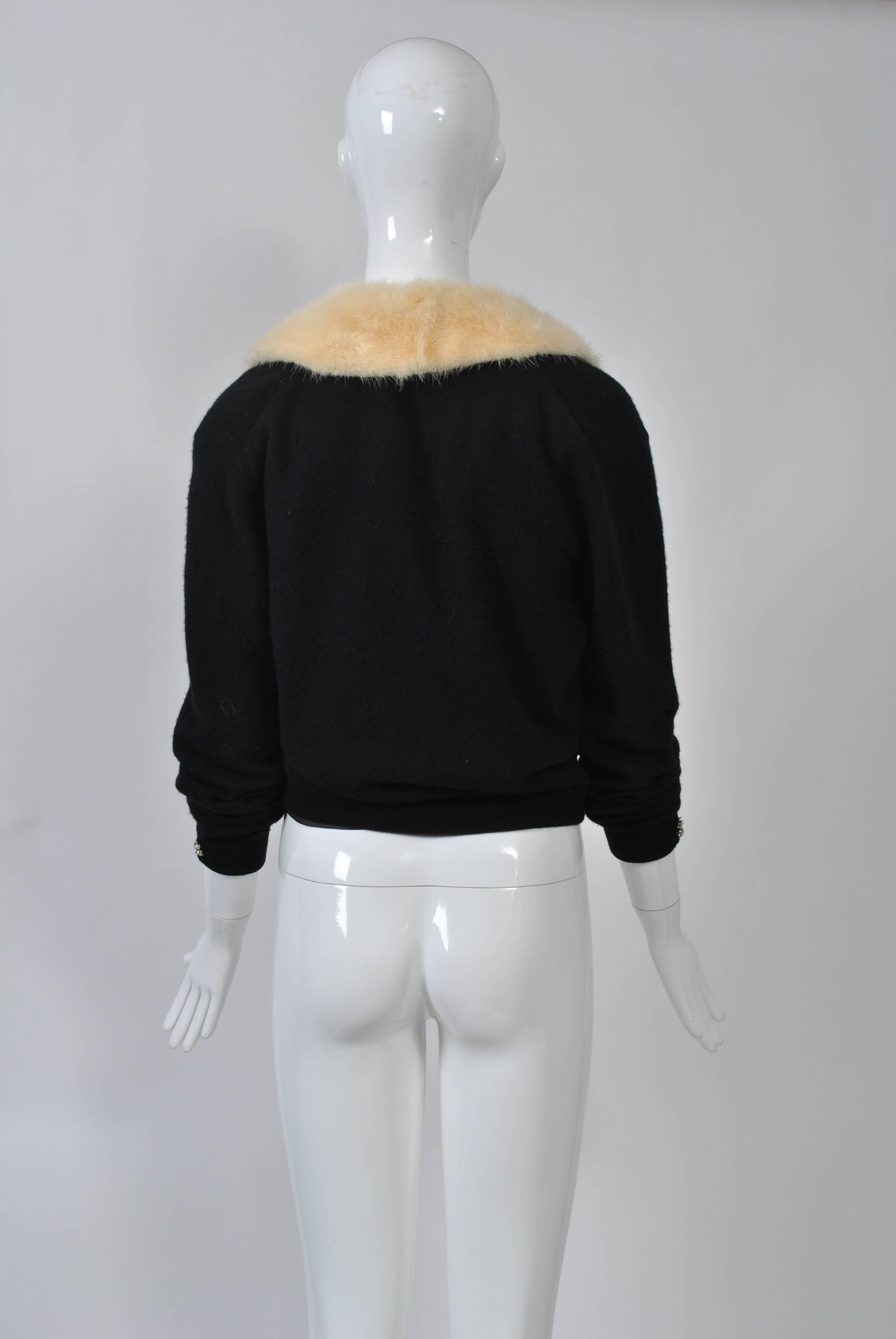 Black Cashmere Cardigan with White Mink Collar In Excellent Condition In Alford, MA