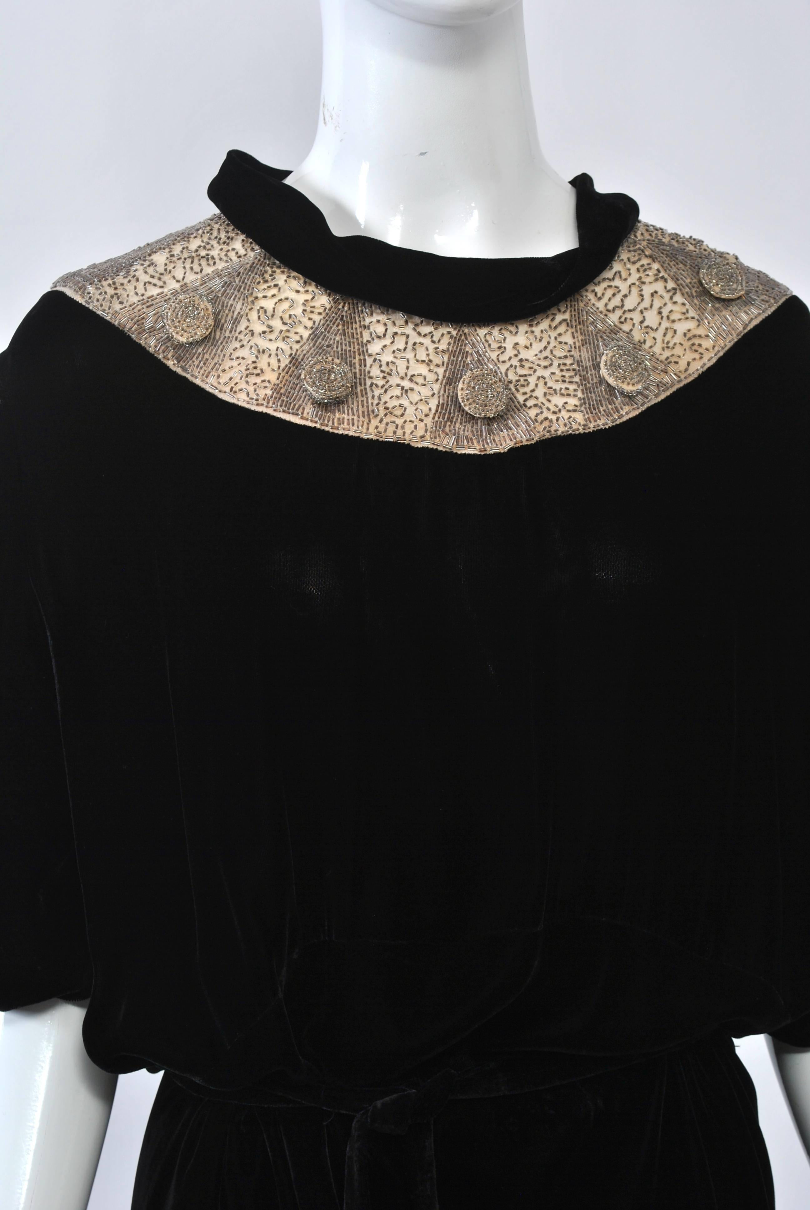 1930s Black Velvet Gown with Beaded Yoke 3