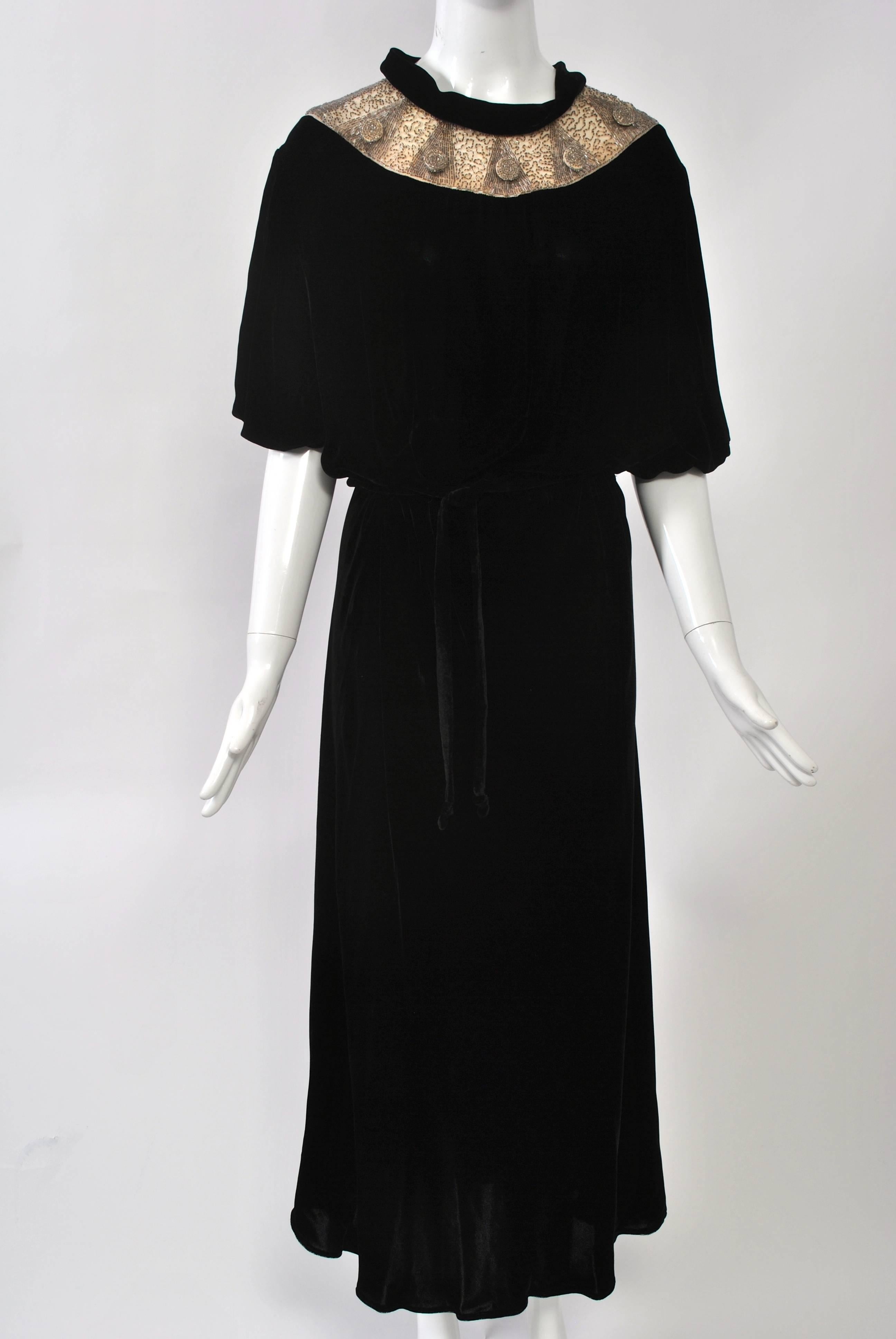 1930s Black Velvet Gown with Beaded Yoke 5