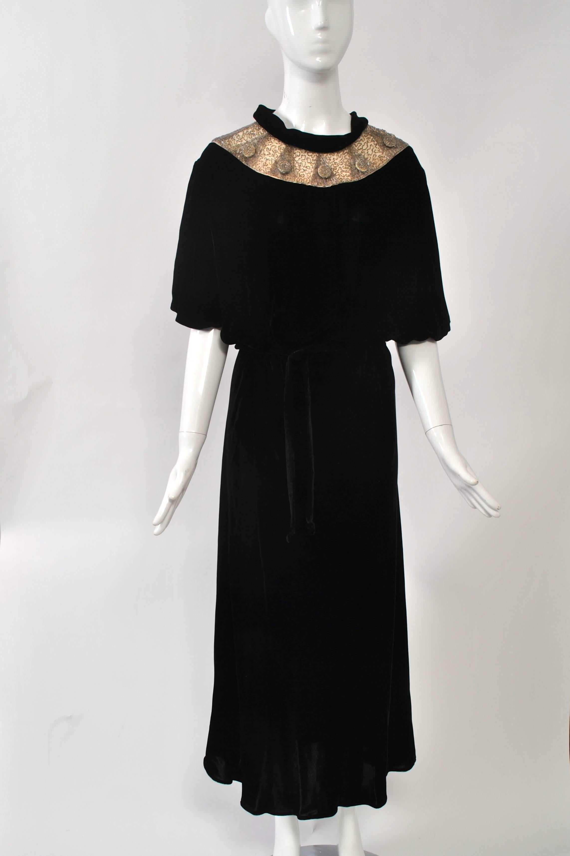 1930s Black Velvet Gown with Beaded Yoke In Excellent Condition In Alford, MA