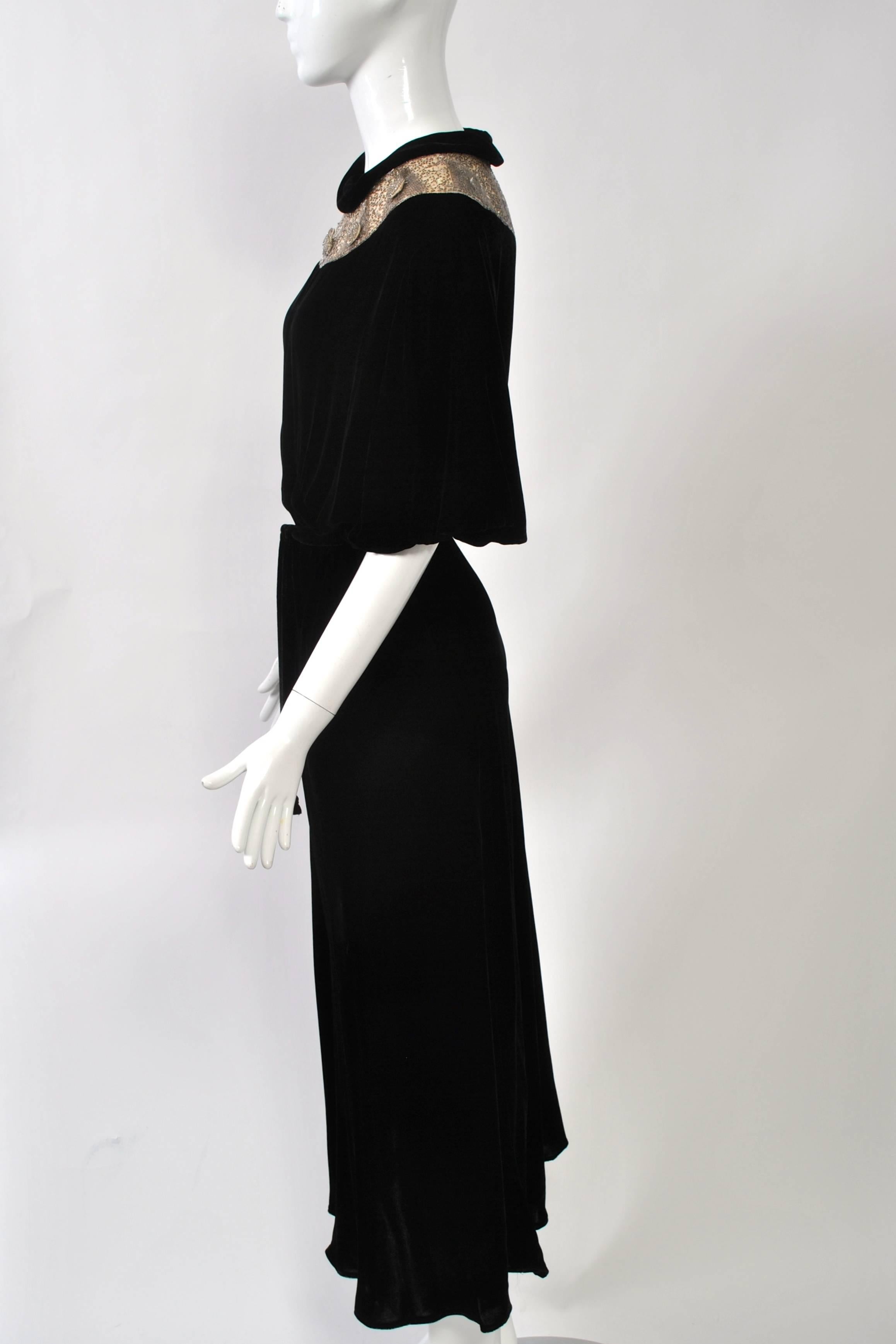Women's 1930s Black Velvet Gown with Beaded Yoke