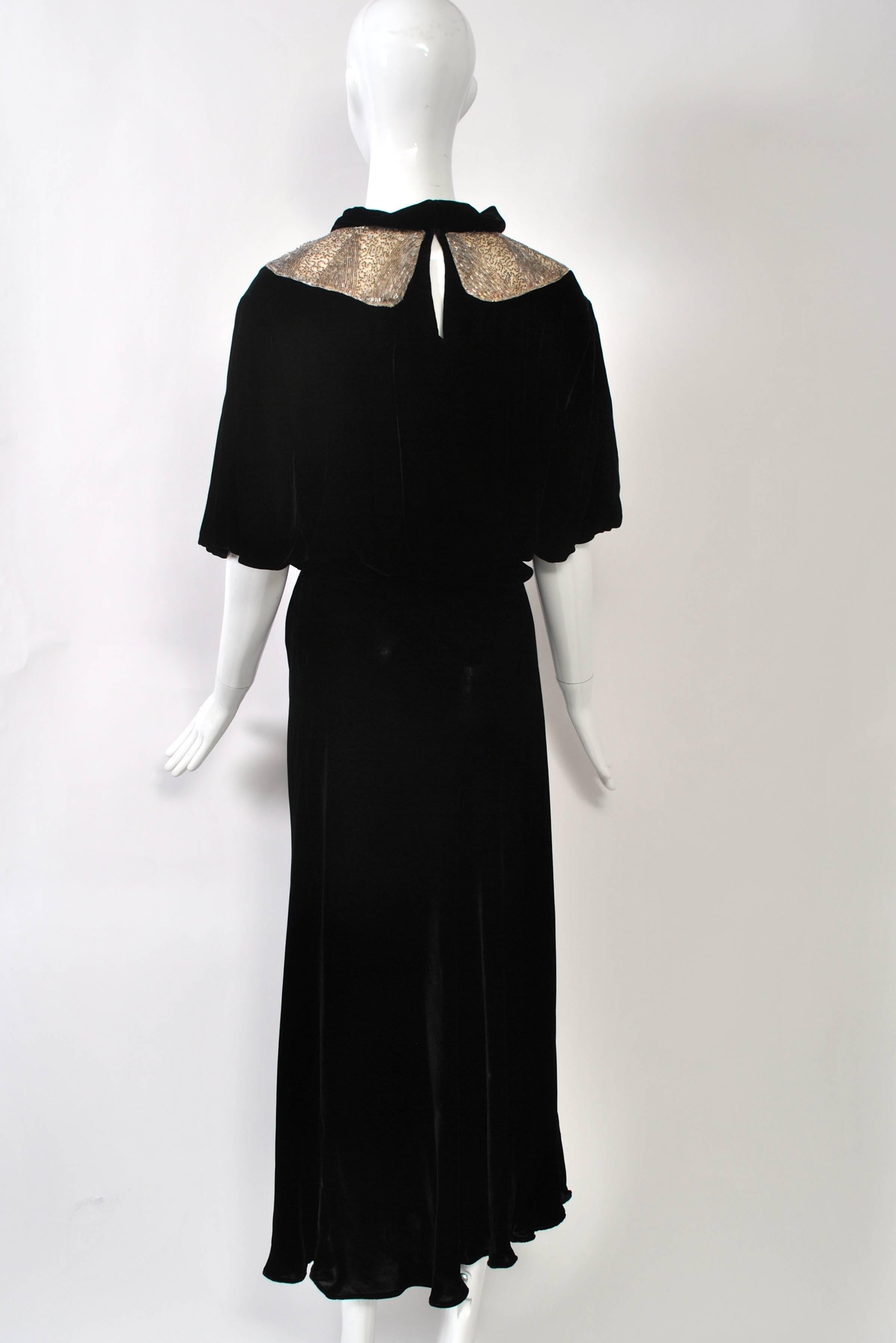 1930s Black Velvet Gown with Beaded Yoke 1