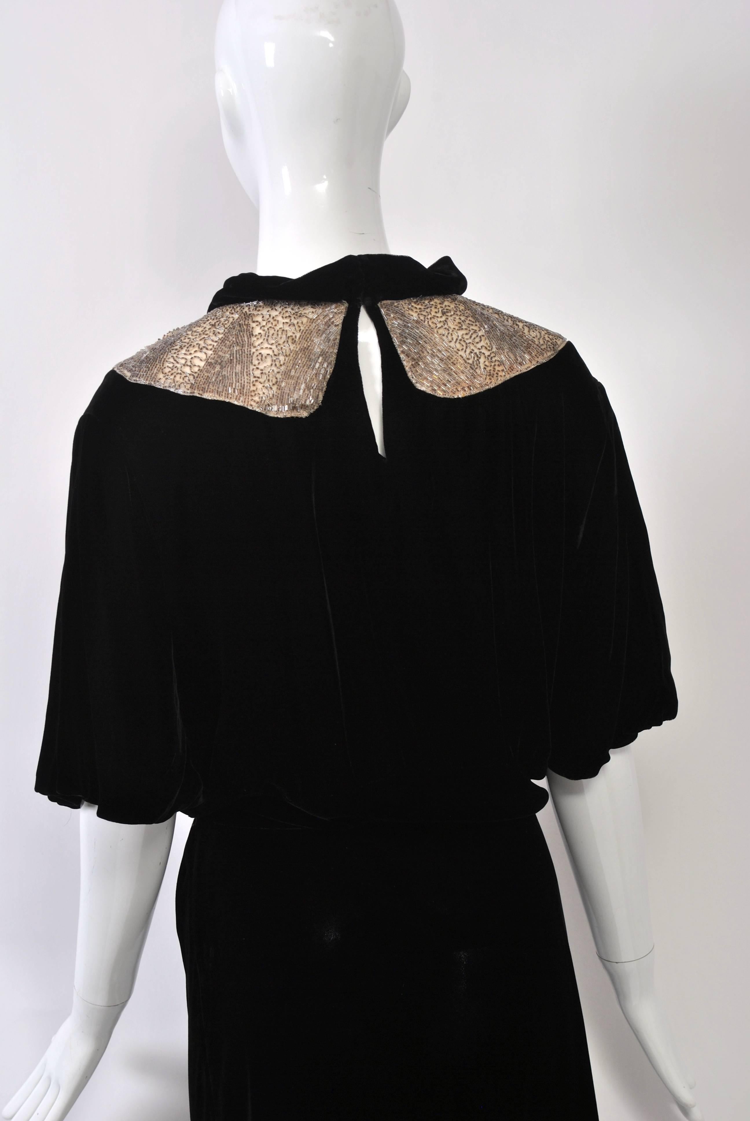 1930s Black Velvet Gown with Beaded Yoke 2