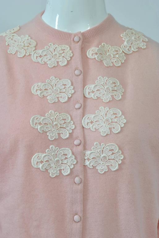 Pink Cashmere Cardigan with Lace Appliqués For Sale at 1stDibs