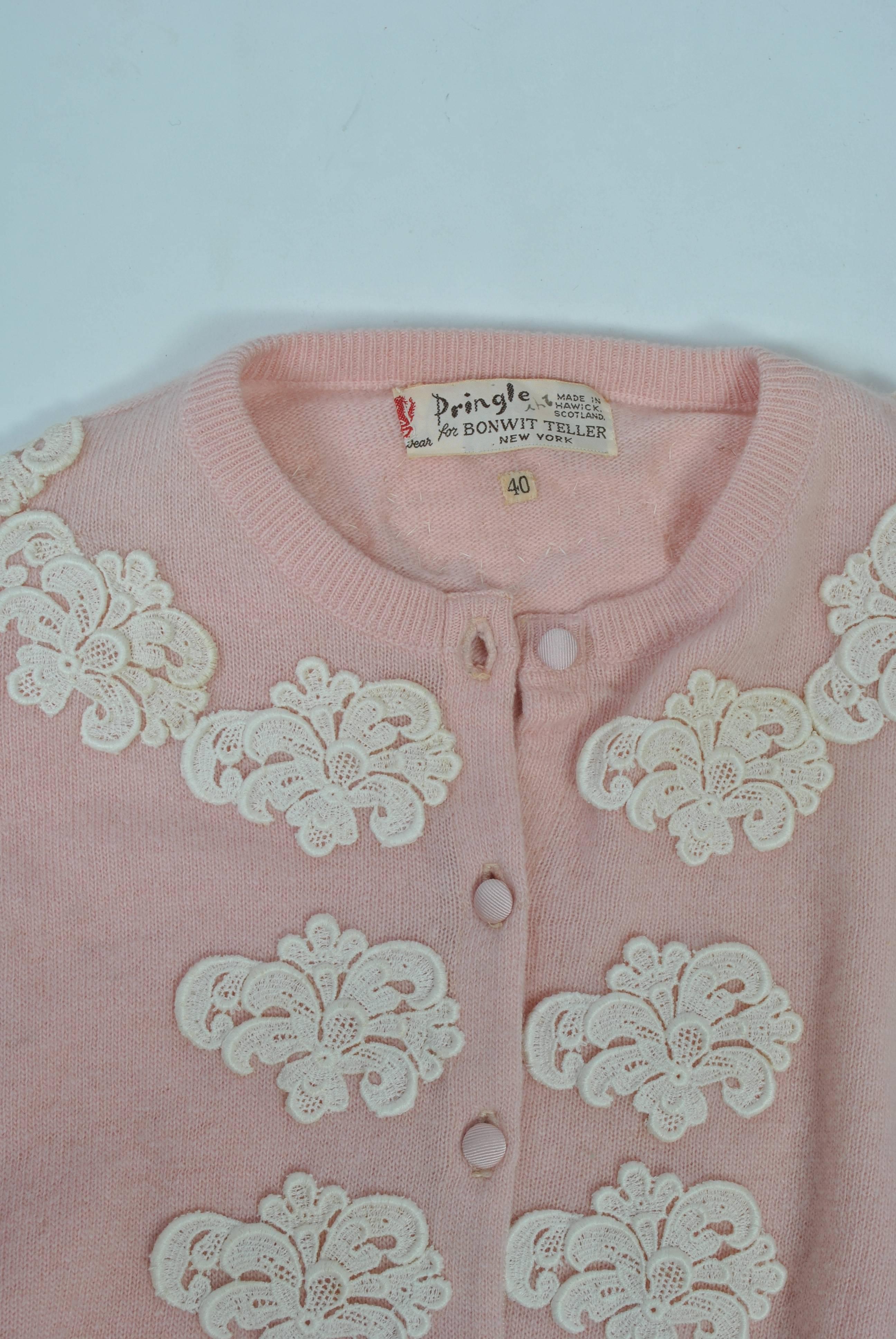 Brown Pink Cashmere Cardigan with Lace Appliqués  For Sale