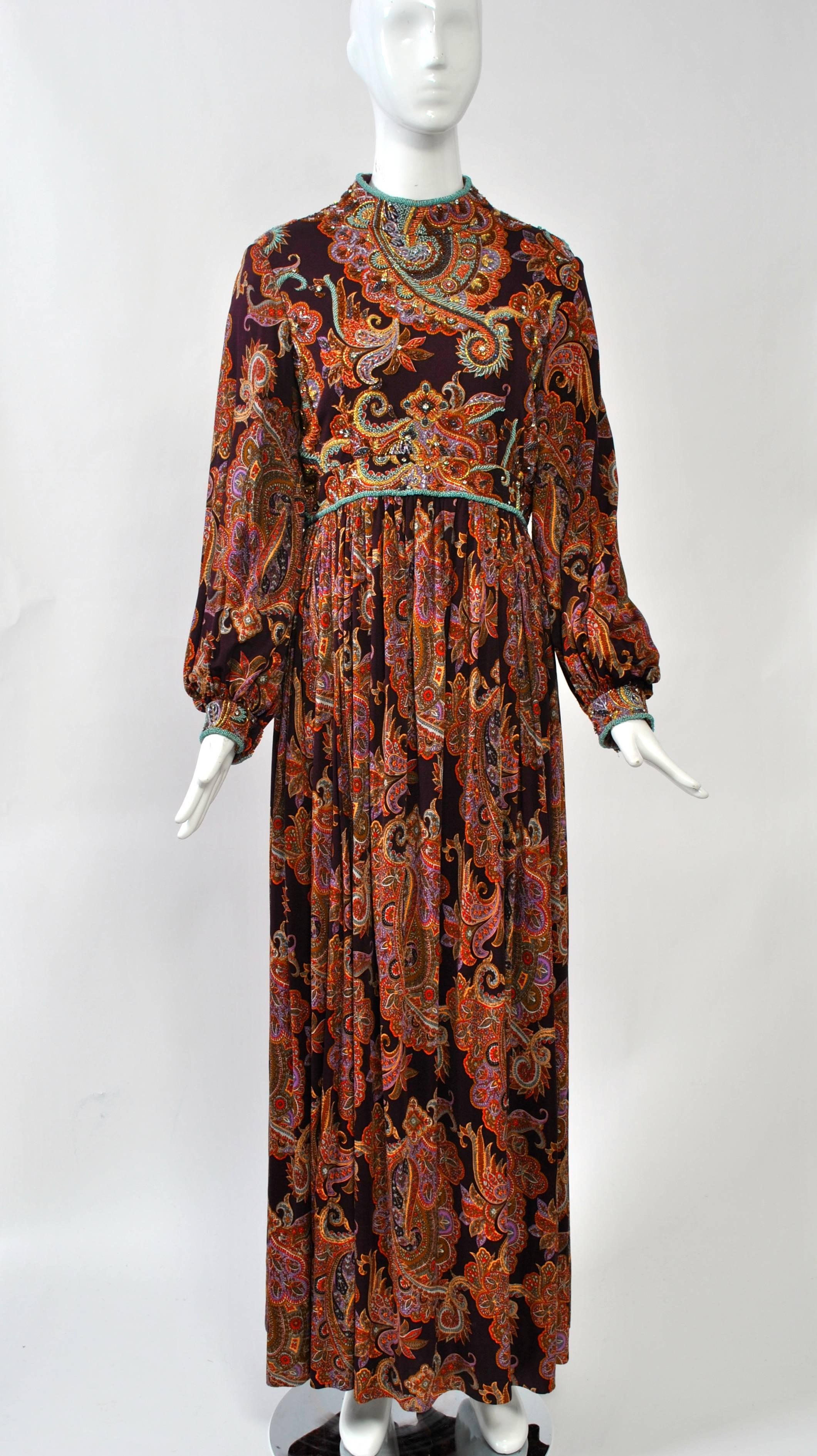 George Halley Beaded Paisley Gown In Excellent Condition In Alford, MA