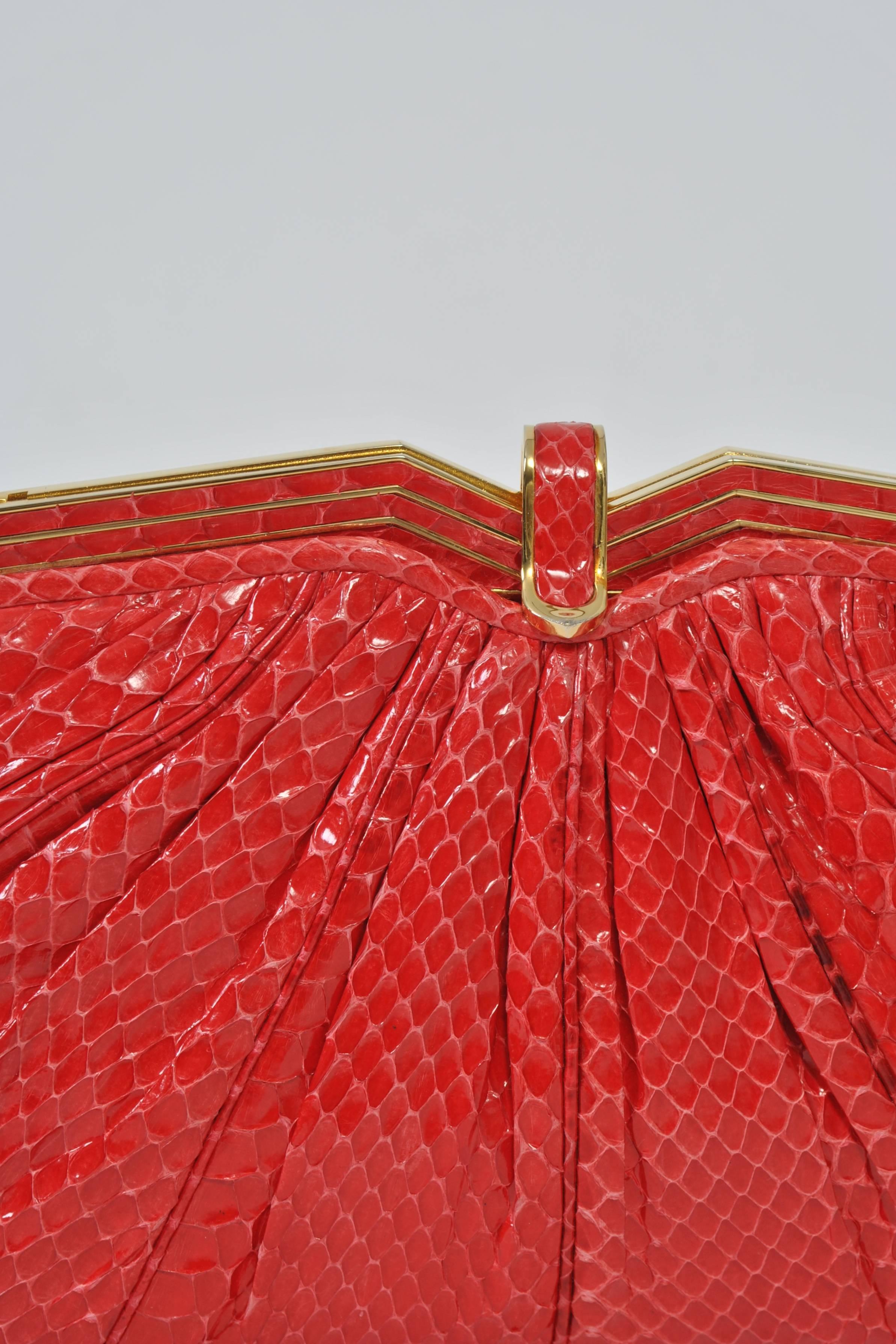 Judith Leiber Red Snakeskin Clutch In Excellent Condition In Alford, MA