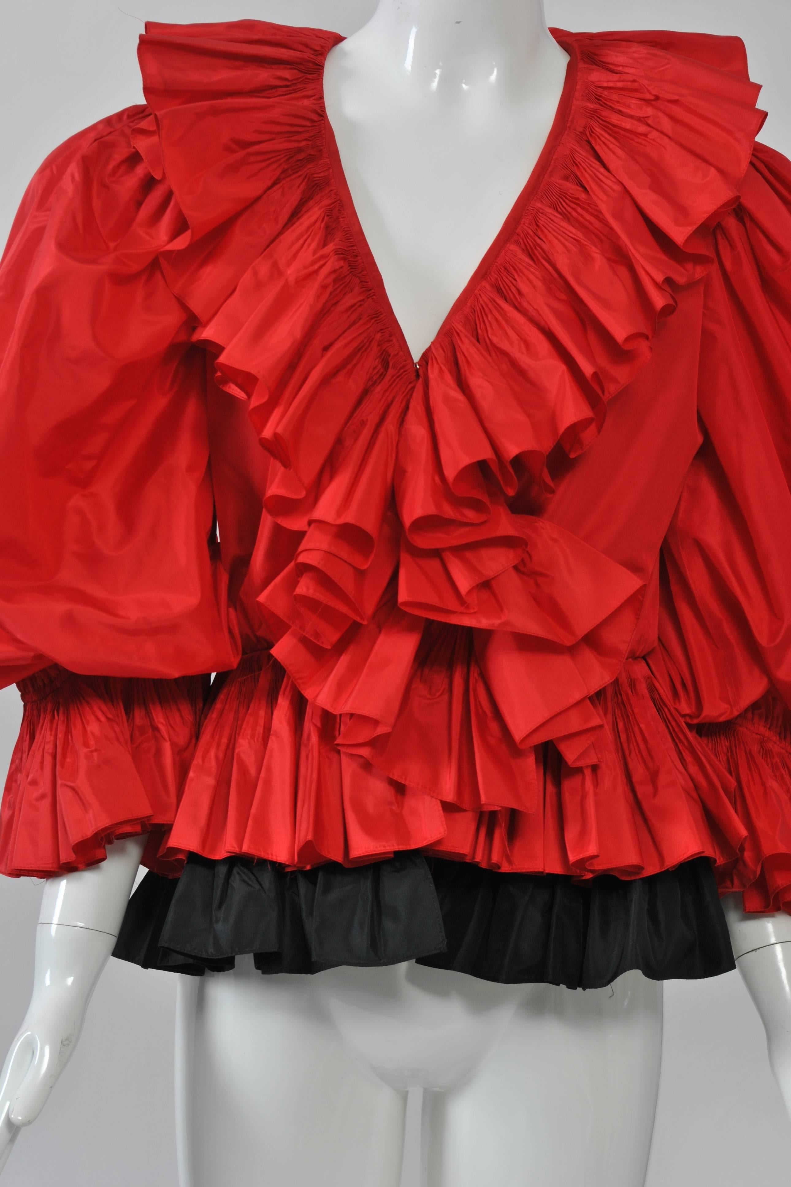 Women's Red and Black Silk Ruffle Top