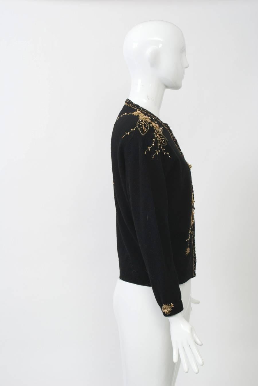 Black Cardigan with Gold Beading In Excellent Condition In Alford, MA