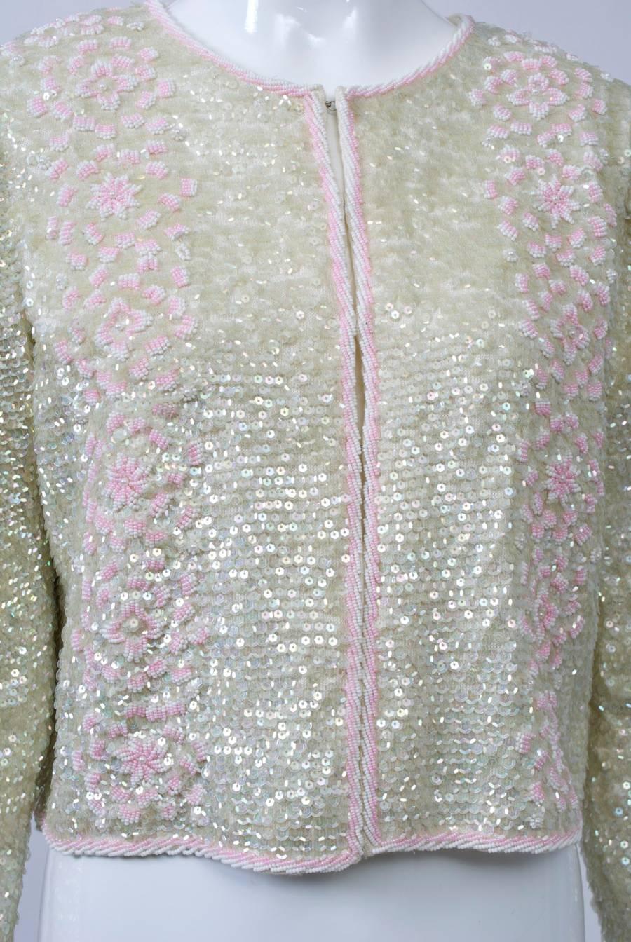 Iridescent and Pink Beaded Cardigan In Excellent Condition In Alford, MA