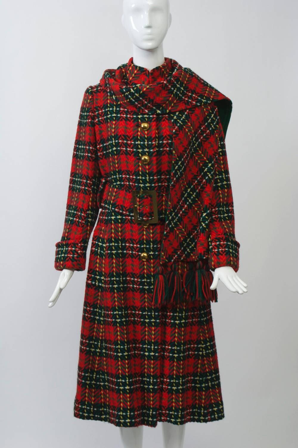 Black 1970s Red Plaid Coat with Scarf For Sale