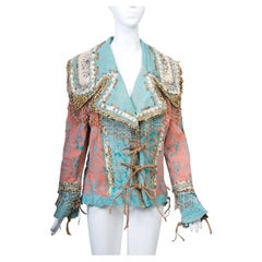 Handgefertigte Jacke aus Wildleder und Canvas mit Leder- und Perlenverzierungen