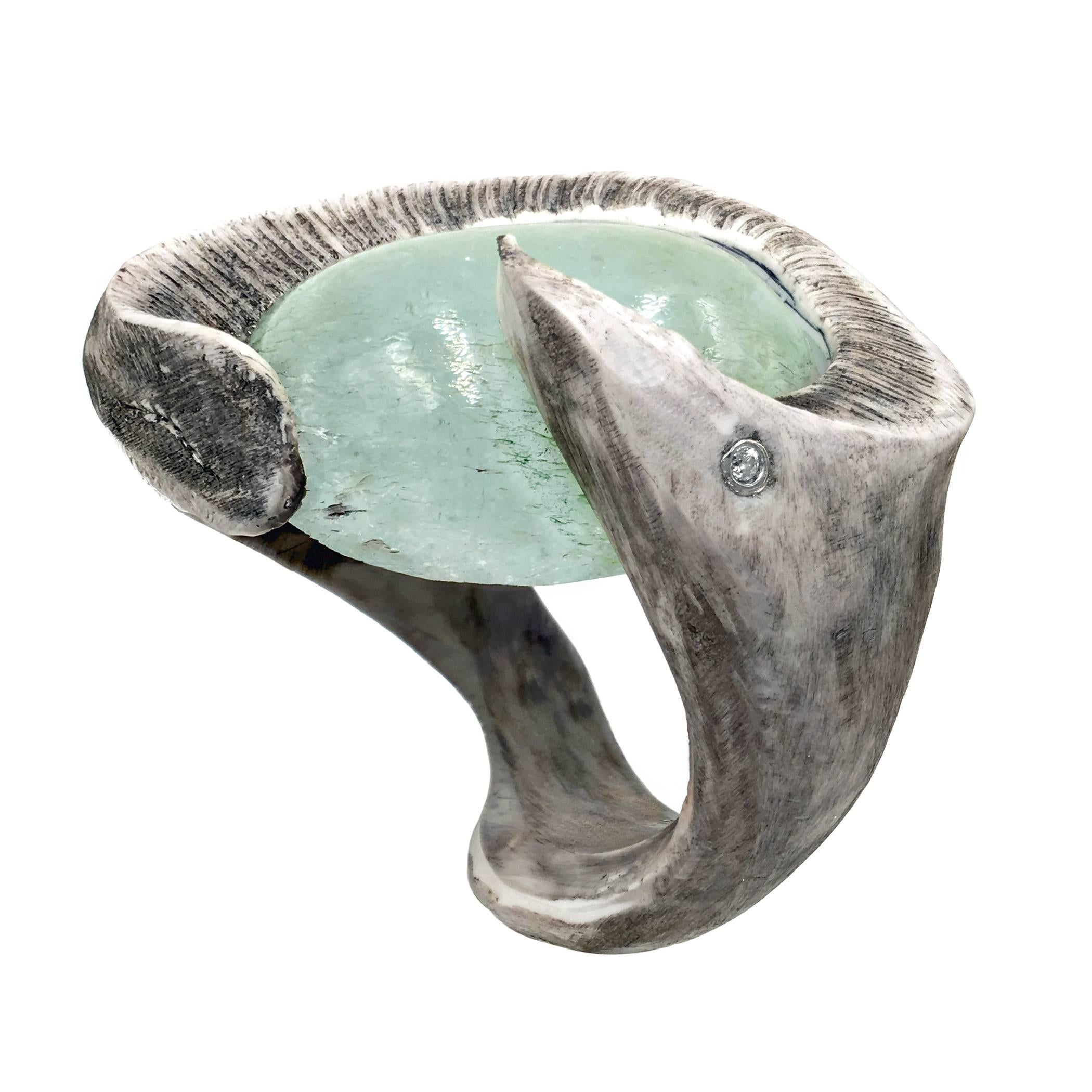 One of a Kind Ancient Aquamarine Diamond Faux Bone Statement Ring