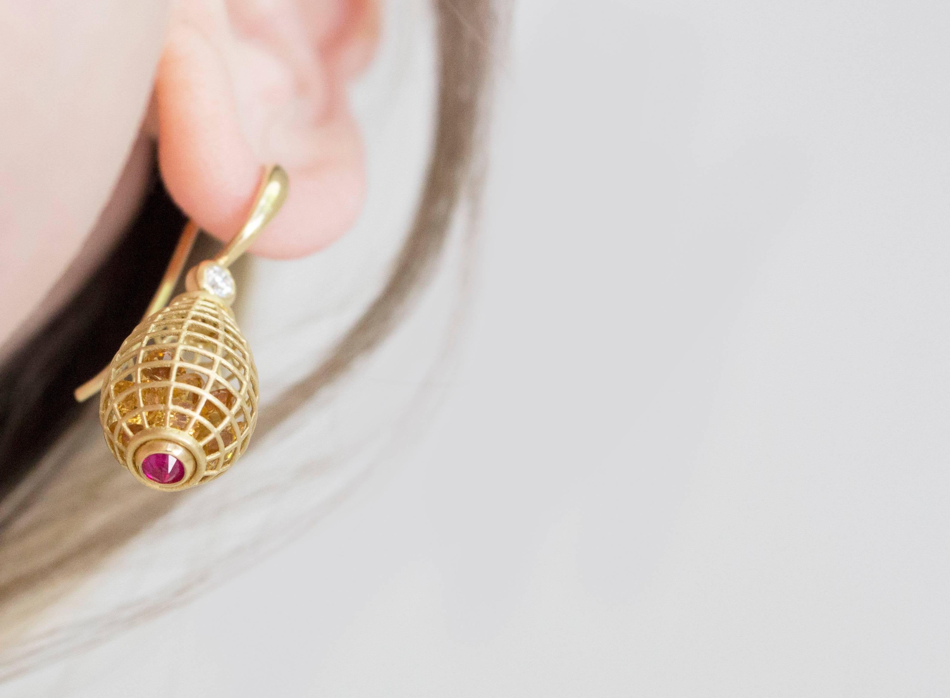 Modern Roule and Co. Honey Citrine Inverted Ruby Diamond Gold Shaker Drop Earrings