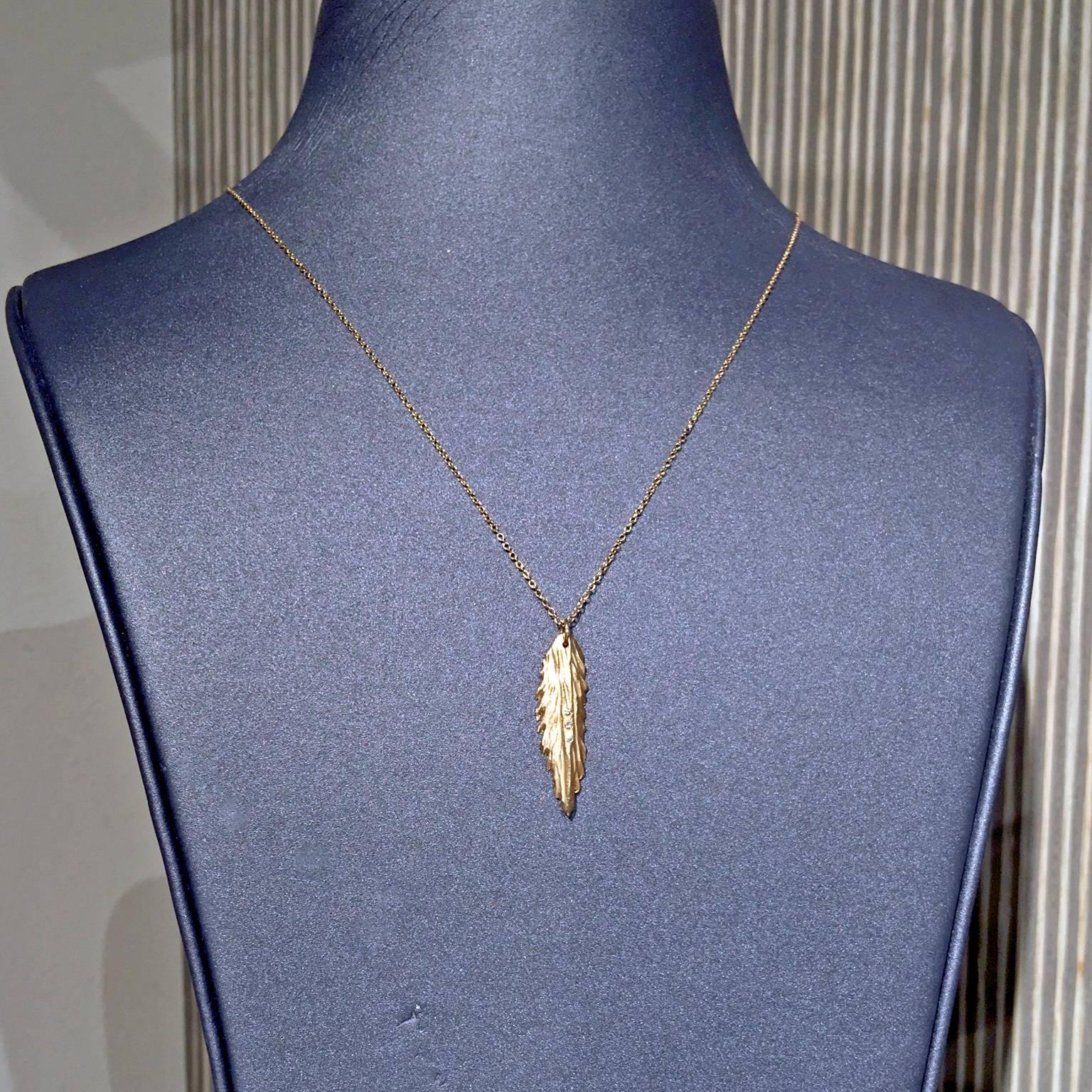 Modern White Diamond Matte Gold Fern Pendant Necklace