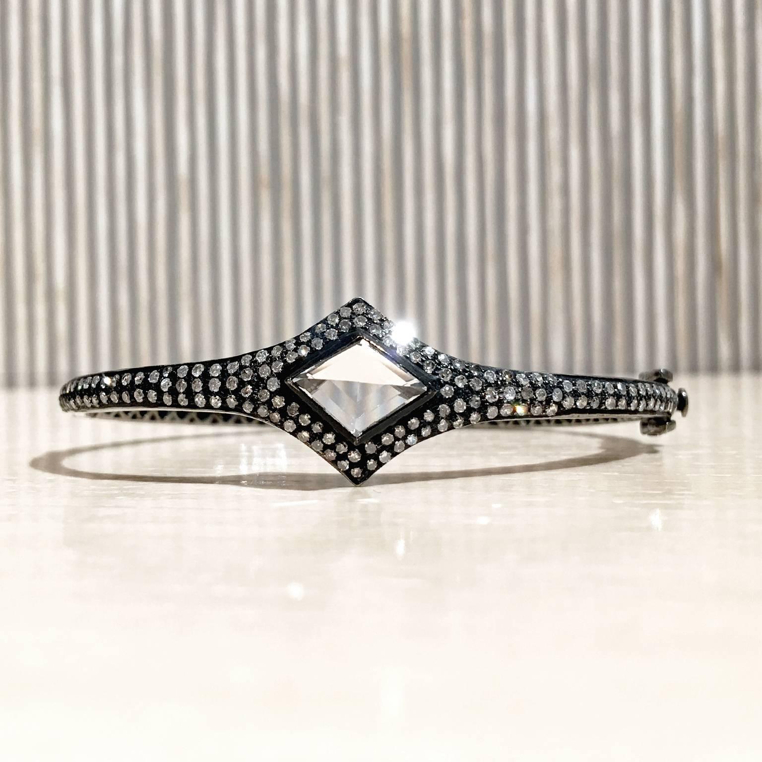 Modern Lauren Harper Rock Crystal Prism Diamond Eternity Hinged Cuff Bracelet