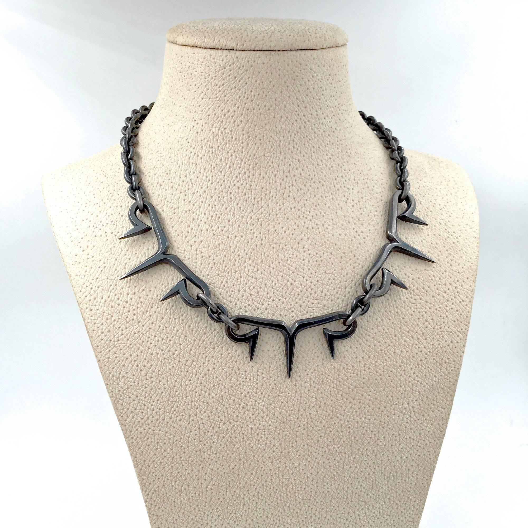 Spike Link Chain Necklace handmade in oxidized sterling silver by renowned jewelry designer and artist Pedro Boregaard. Stamped and hallmarked (see additional images). 