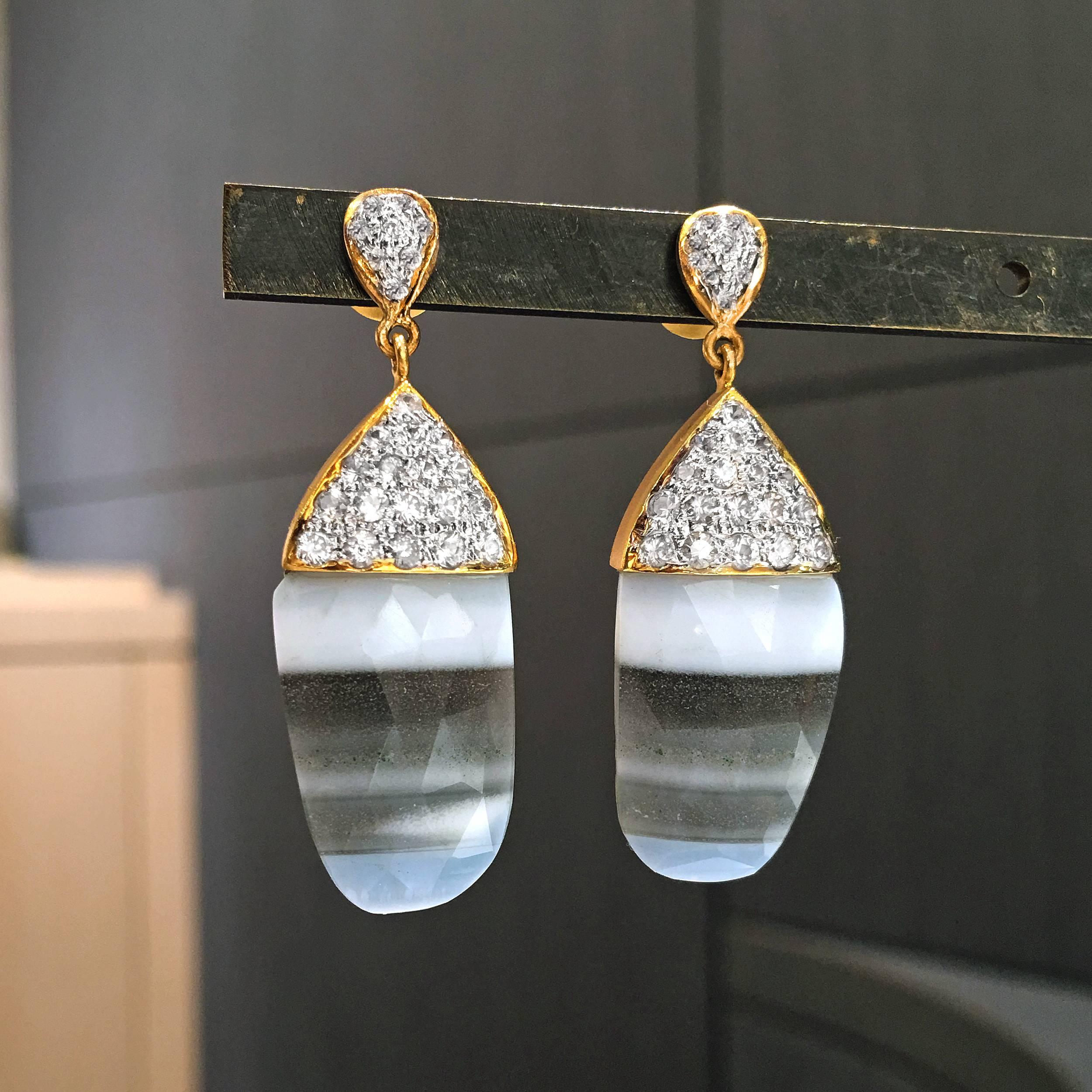 One of a Kind Earrings handmade in matte-finished 18k yellow gold by jewelry designer Lauren Harper featuring a matched pair of faceted African striped opal and white sapphires prong-set in 18k white gold. Stamped and hallmarked.