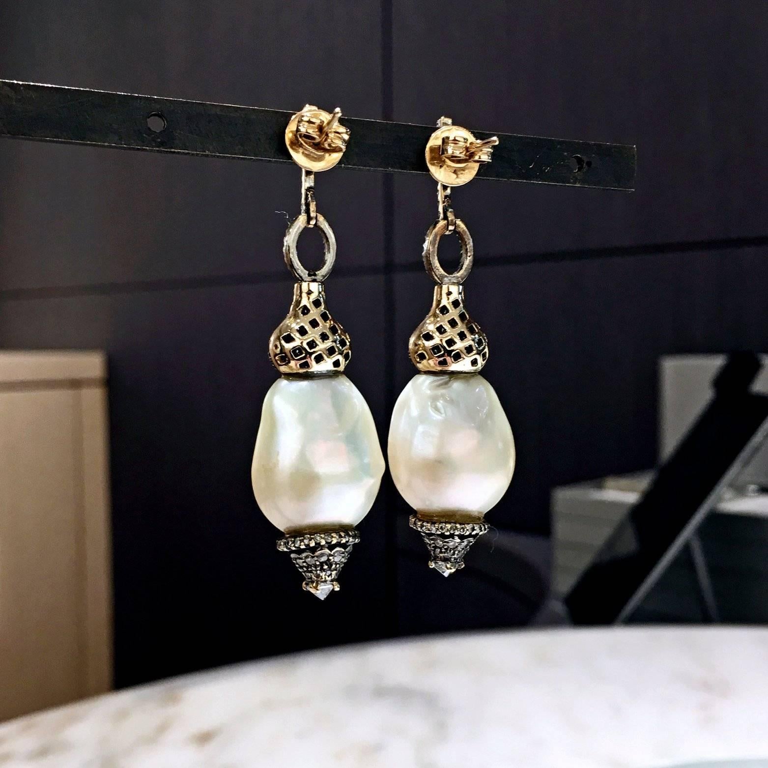 One of a Kind Baroque Pearl White Diamond Hollywood Drop Earrings In New Condition In Dallas, TX