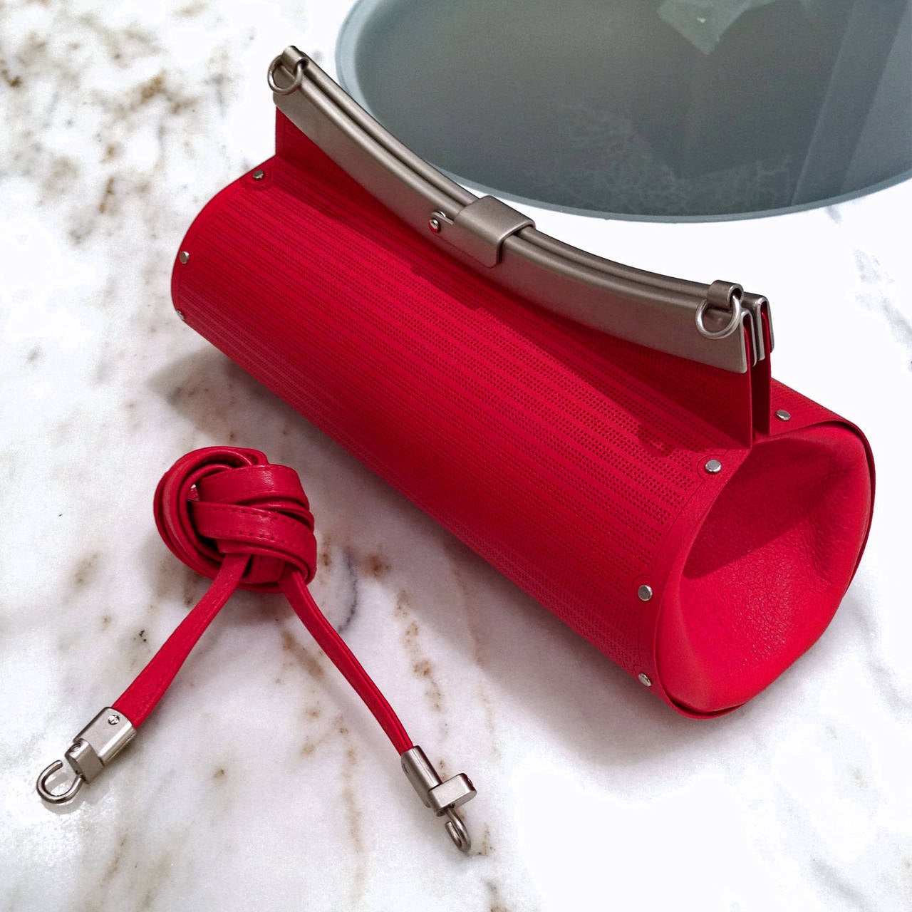 Wendy Stevens One of a Kind Handmade Red Steel Red Leather Cylinder Bag In New Condition In Dallas, TX