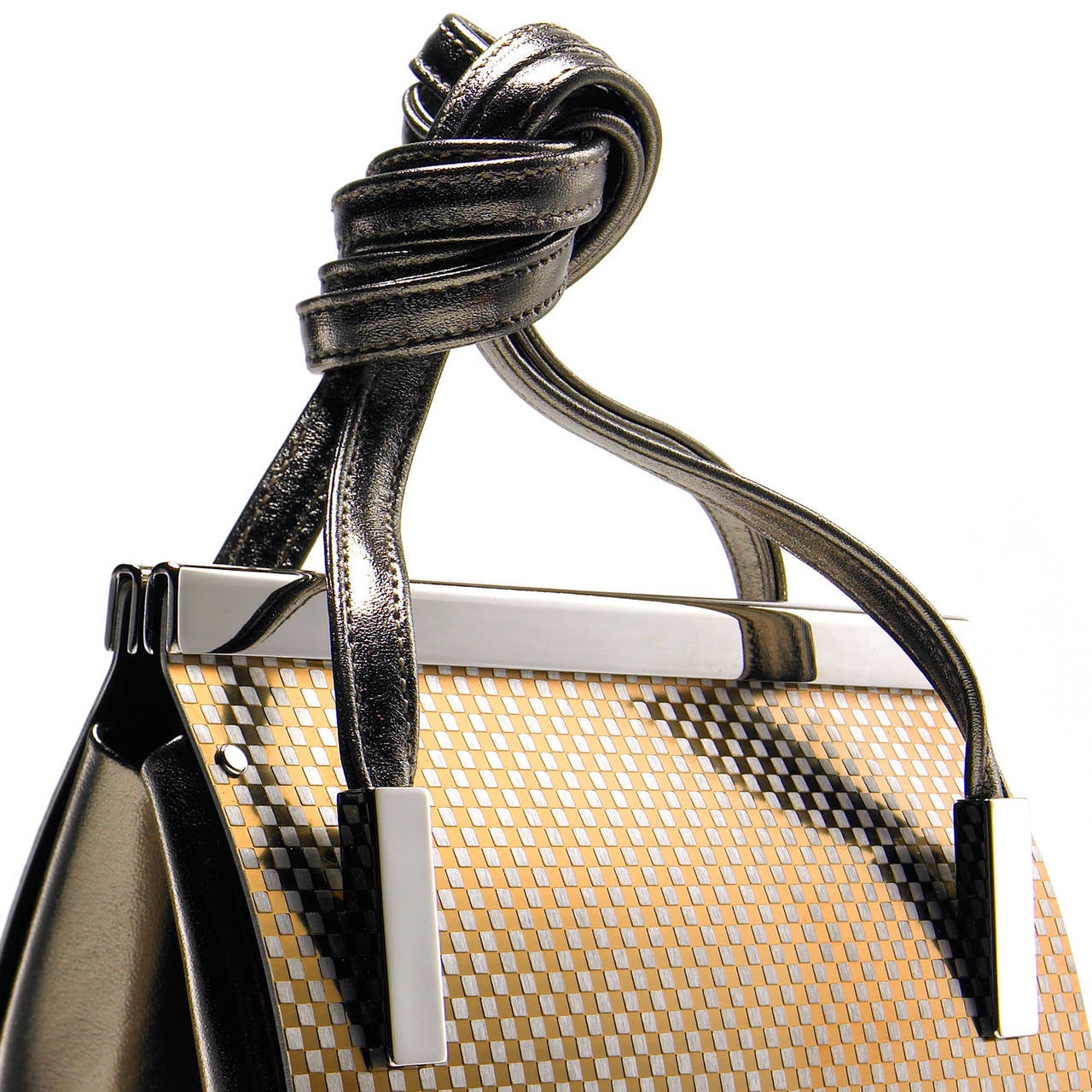 One-of-a-Kind Baltimore Bag handcrafted by Wendy Stevens in gold-checked stainless steel with polished silver hardware and pewter leather strap and accents. Bag measures 6.5