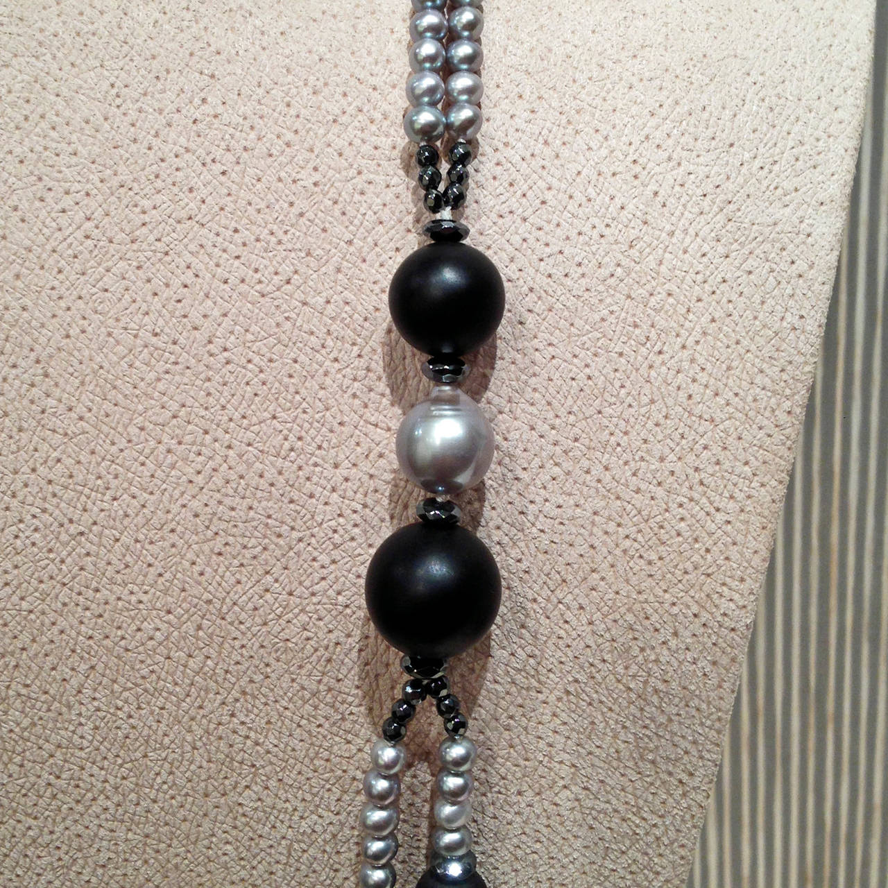 Artist Vaid Roma Silver Pearl Onyx Sphere Black Spinel Double Strand Necklace