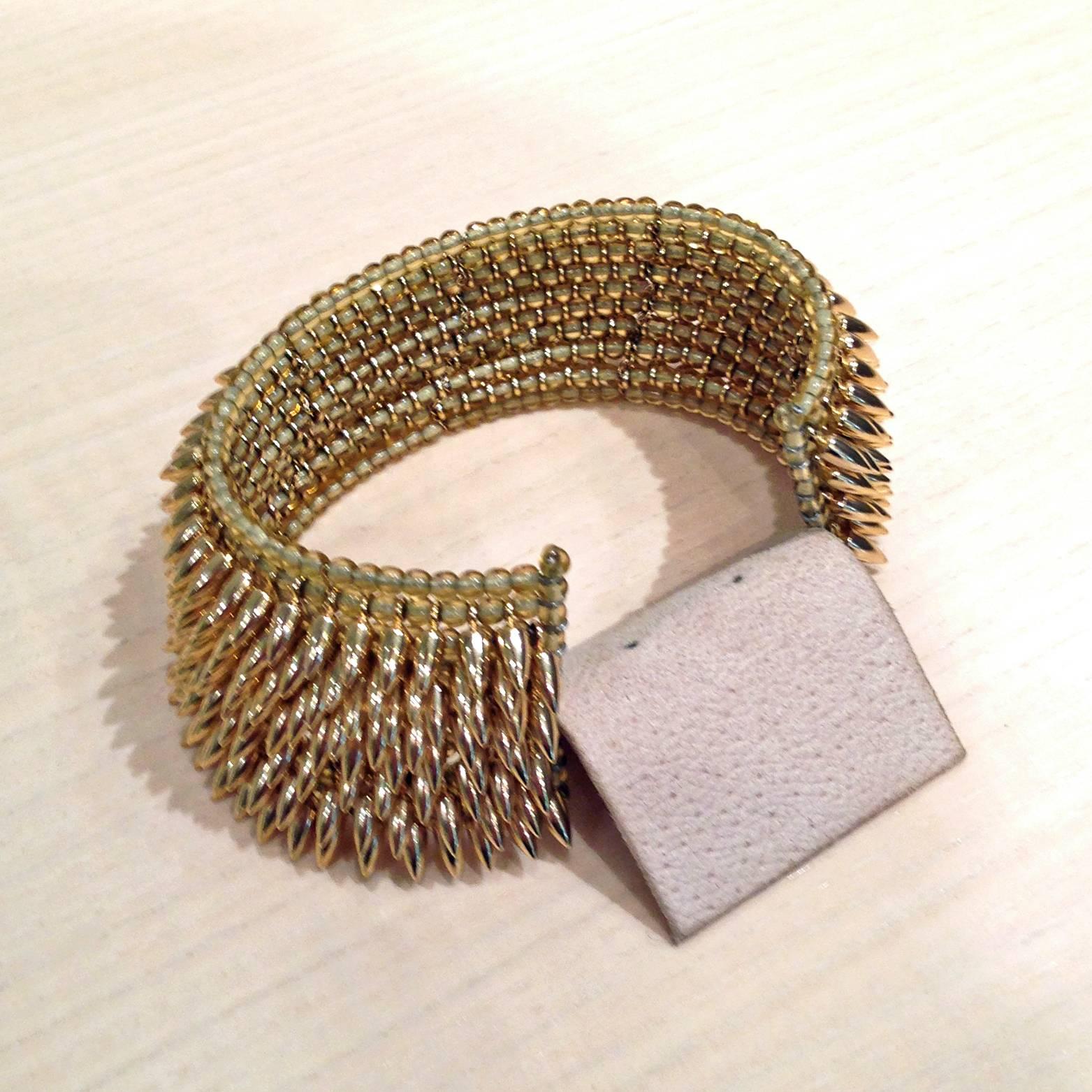 Women's or Men's Handmade Shiny Gold-Plated Bead Topaz Glass Flexible Cuff