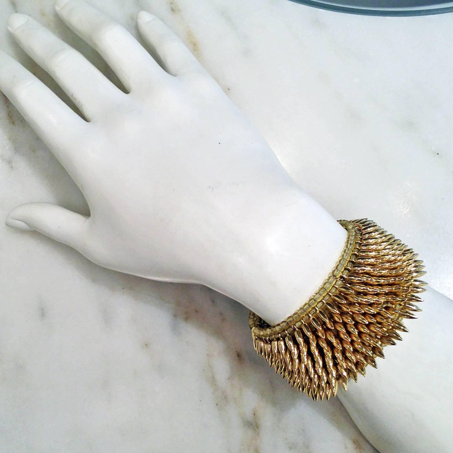 Artist Handmade Shiny Gold-Plated Bead Topaz Glass Flexible Cuff