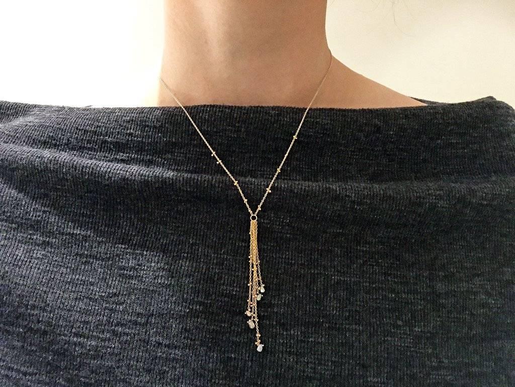 Tangled Briolette Necklace handcrafted in matte finished 18k yellow gold and matte finished 14k yellow gold with six diamond briolettes totaling 0.92 carats attached to granulated gold fringe chains dangling from a gold granule accented 18 inch long