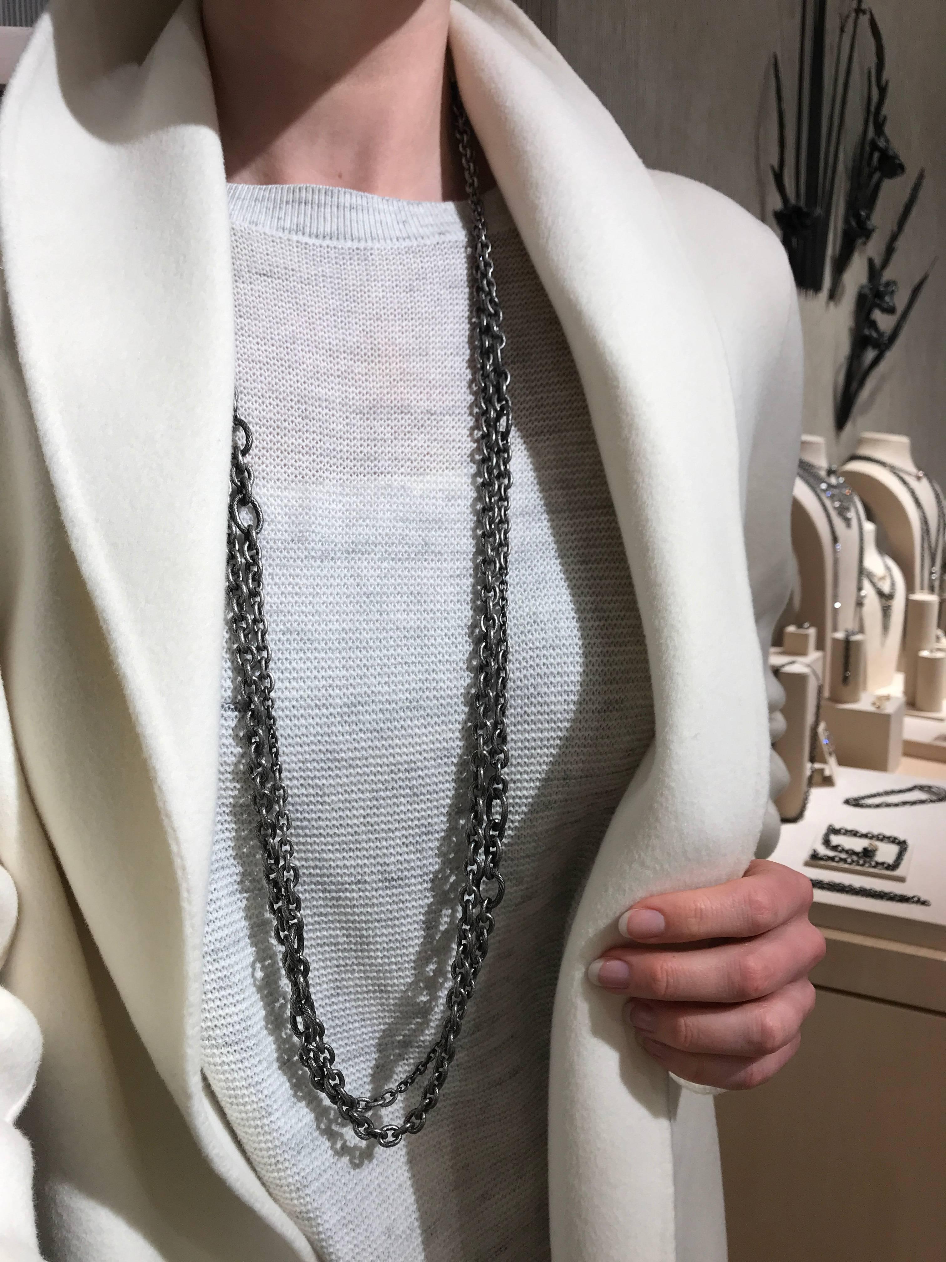 Signature Long Graduating Chain Link Necklace by jewelry artist Liza Beth in textured stainless steel - 41