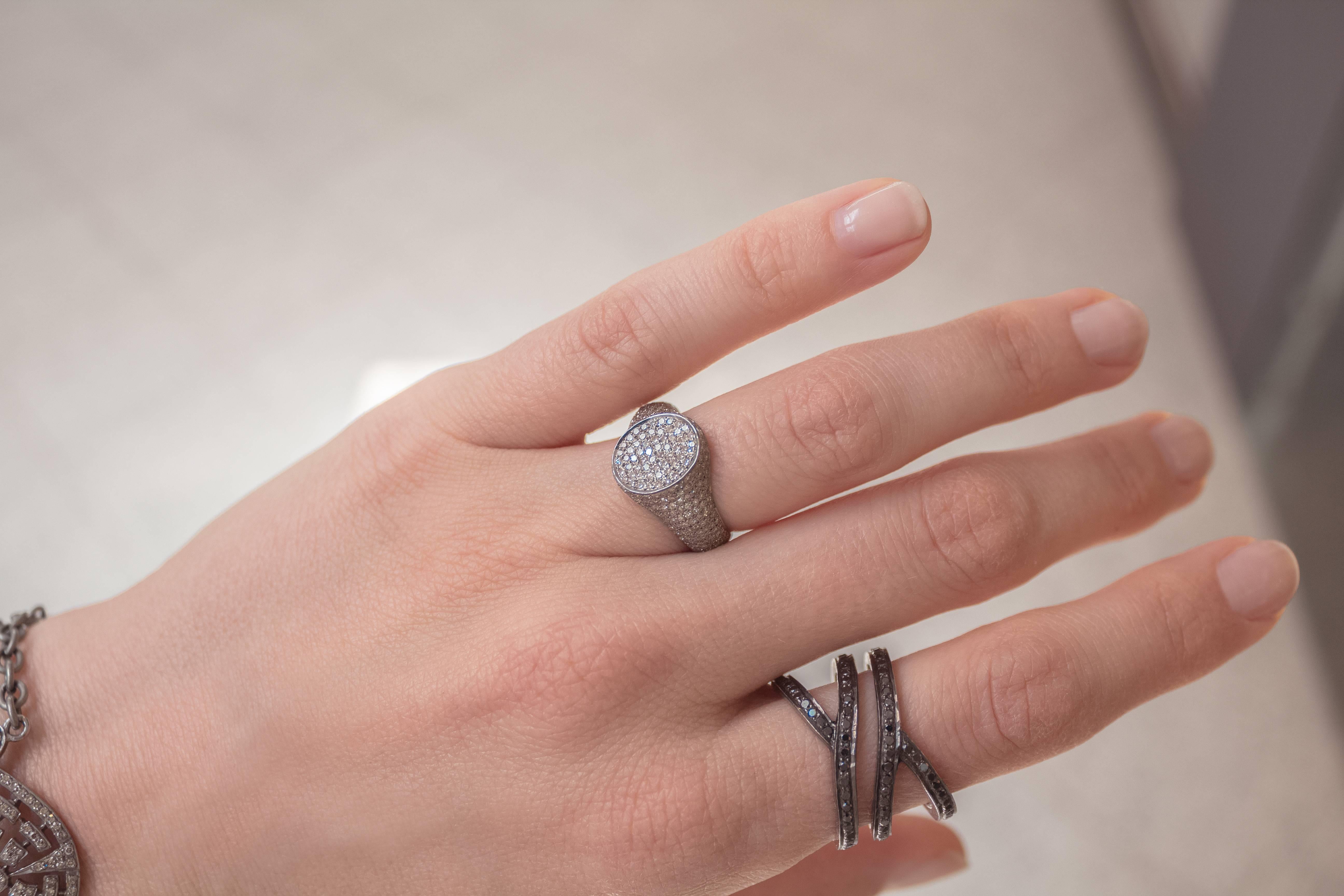 Signet Ring by jewelry artist Liza Beth in rhodium-finished sterling silver with 1.05 total carats of shimmering round brilliant-cut diamonds. Size 5.75 (can be sized).