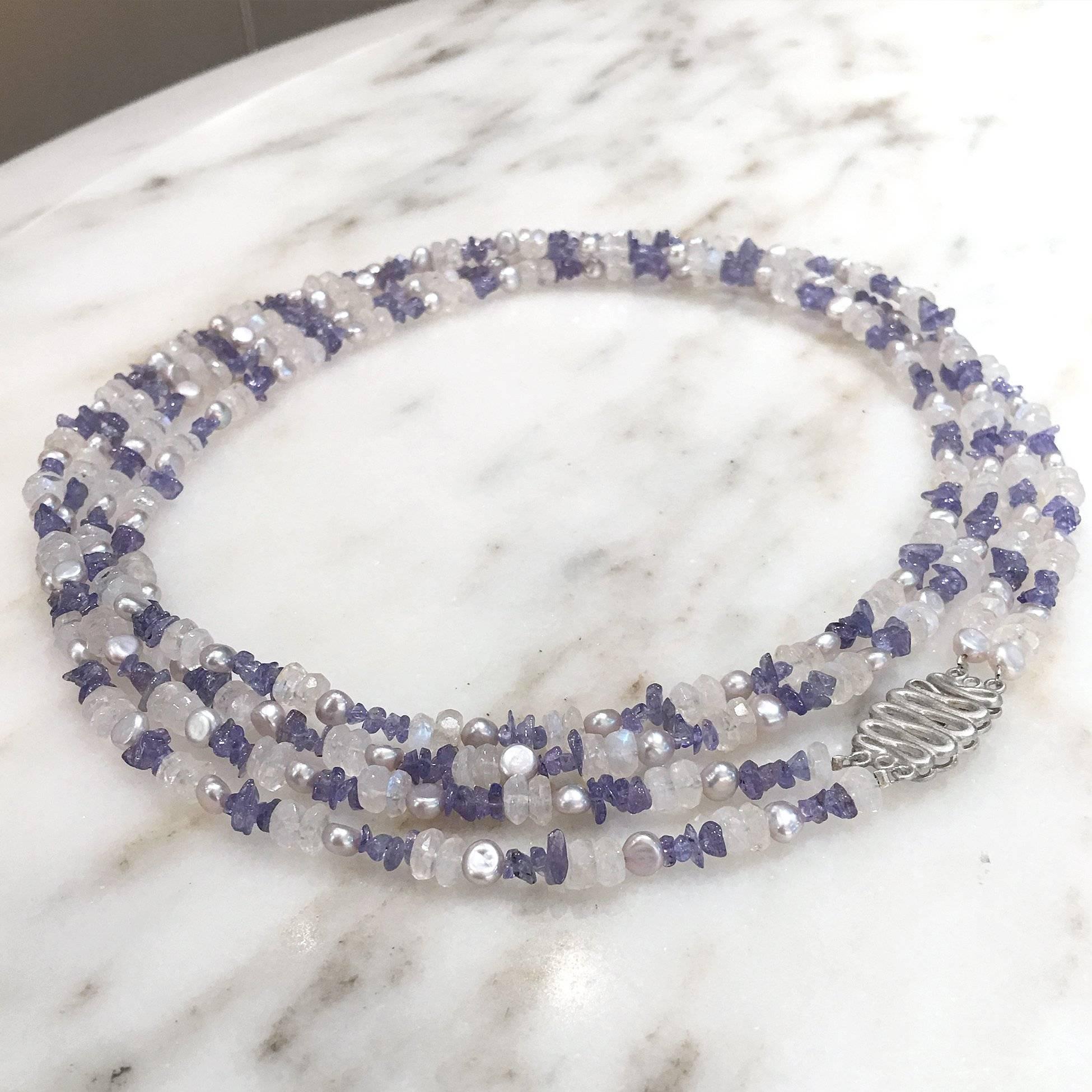 Tanzanite Blue Moonstone Silver Pearl Long Double Strand Necklace In New Condition In Dallas, TX