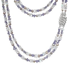 Tanzanite Blue Moonstone Silver Pearl Long Double Strand Necklace