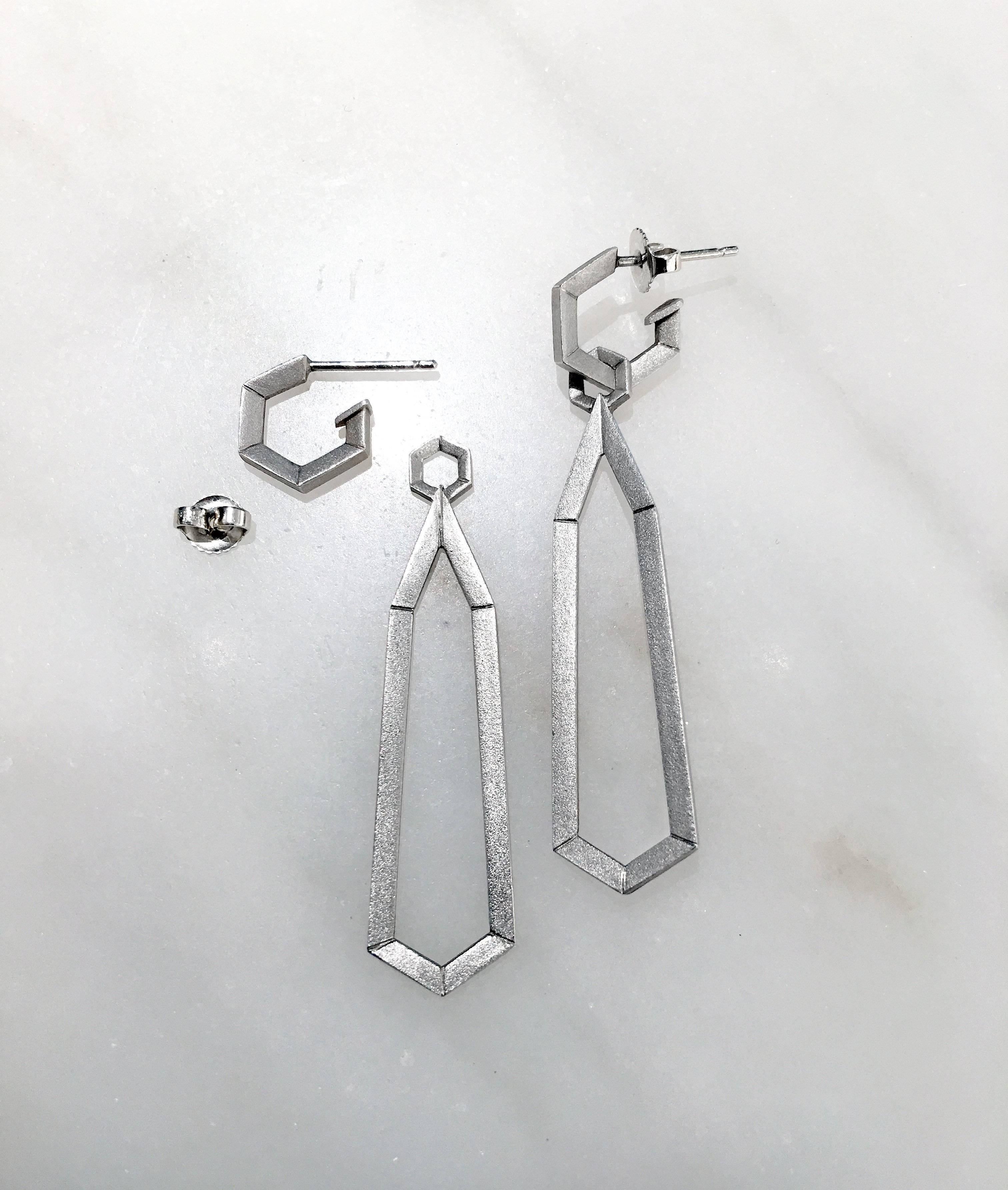 Women's Geoffrey Good Satin Silver Detachable Drop Hex Day and Night Earrings