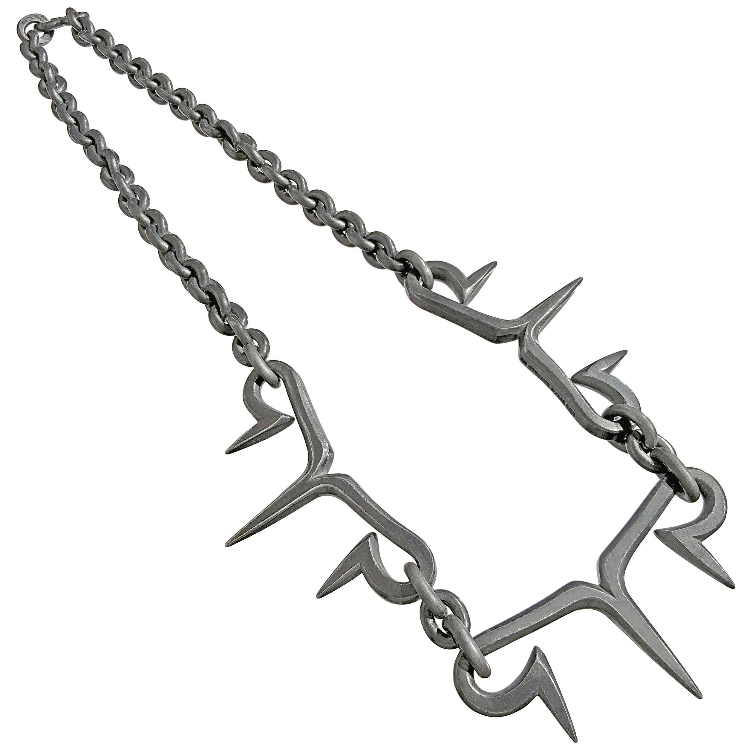 Pedro Boregaard Handmade Oxidized Silver Spike Link Chain Necklace For Sale