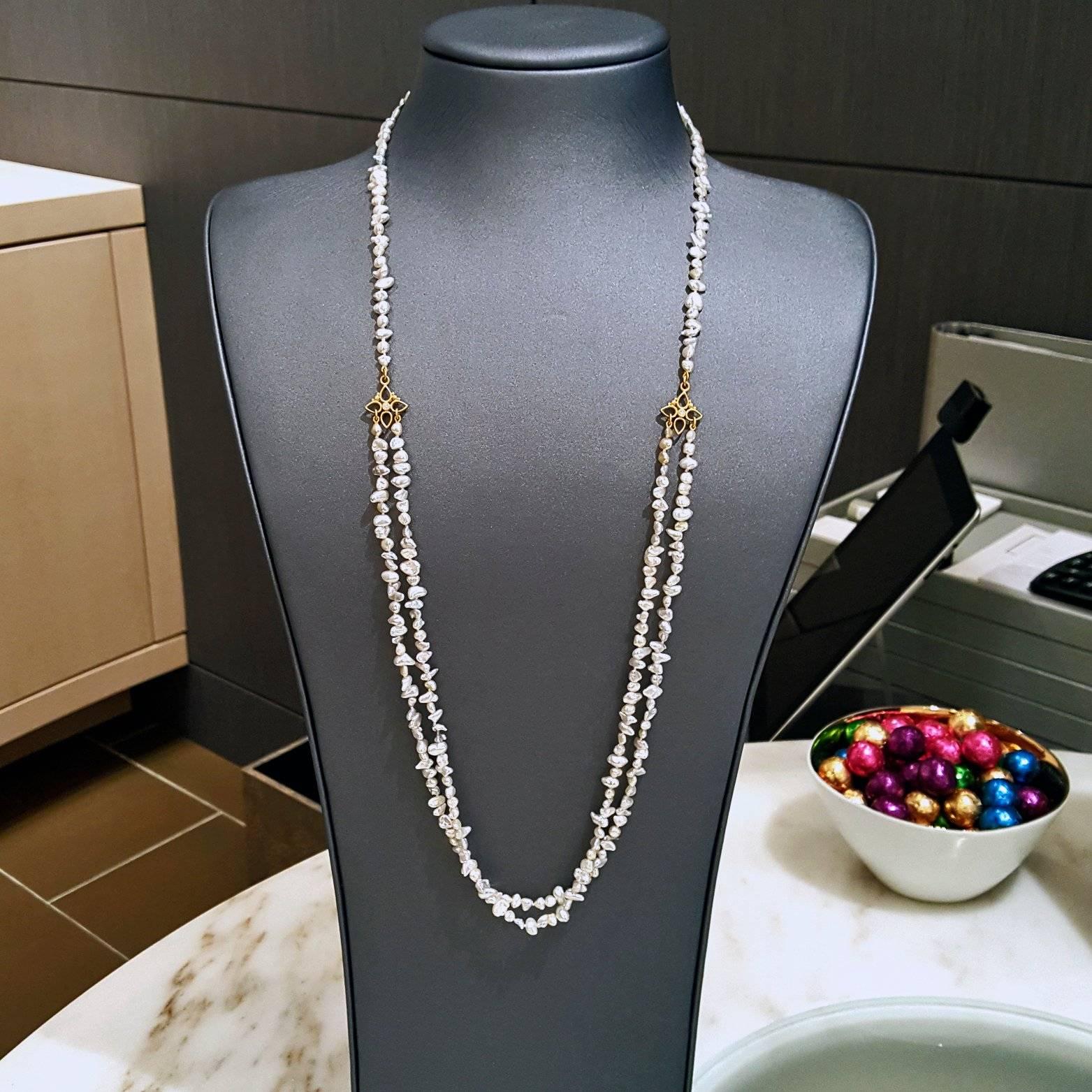 Denise Betesh Blue Silver Keshi Pearl Double Strand Diamond Gold Necklace In New Condition In Dallas, TX