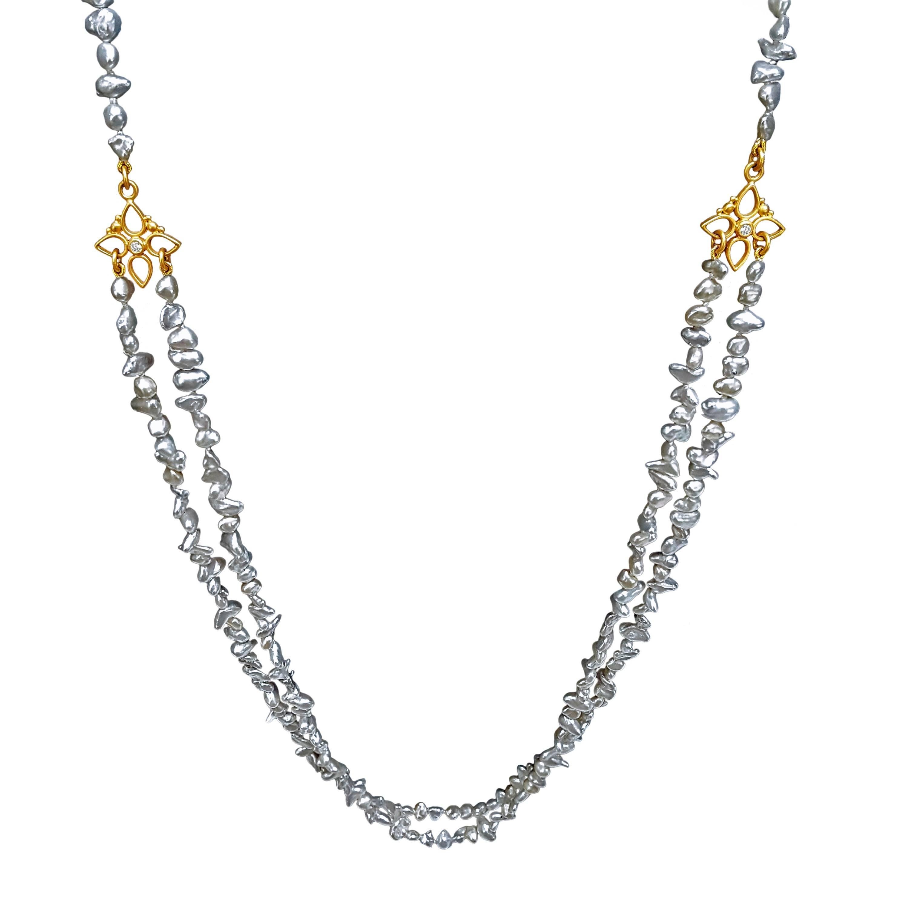 Denise Betesh Blue Silver Keshi Pearl Double Strand Diamond Gold Necklace