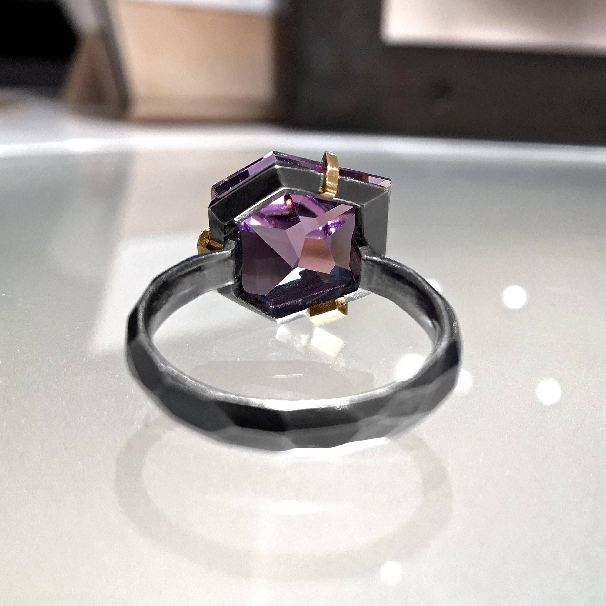 Elizabeth Garvin Custom Cut Amethyst Gold Oxidized Silver Facets Ring In New Condition In Dallas, TX