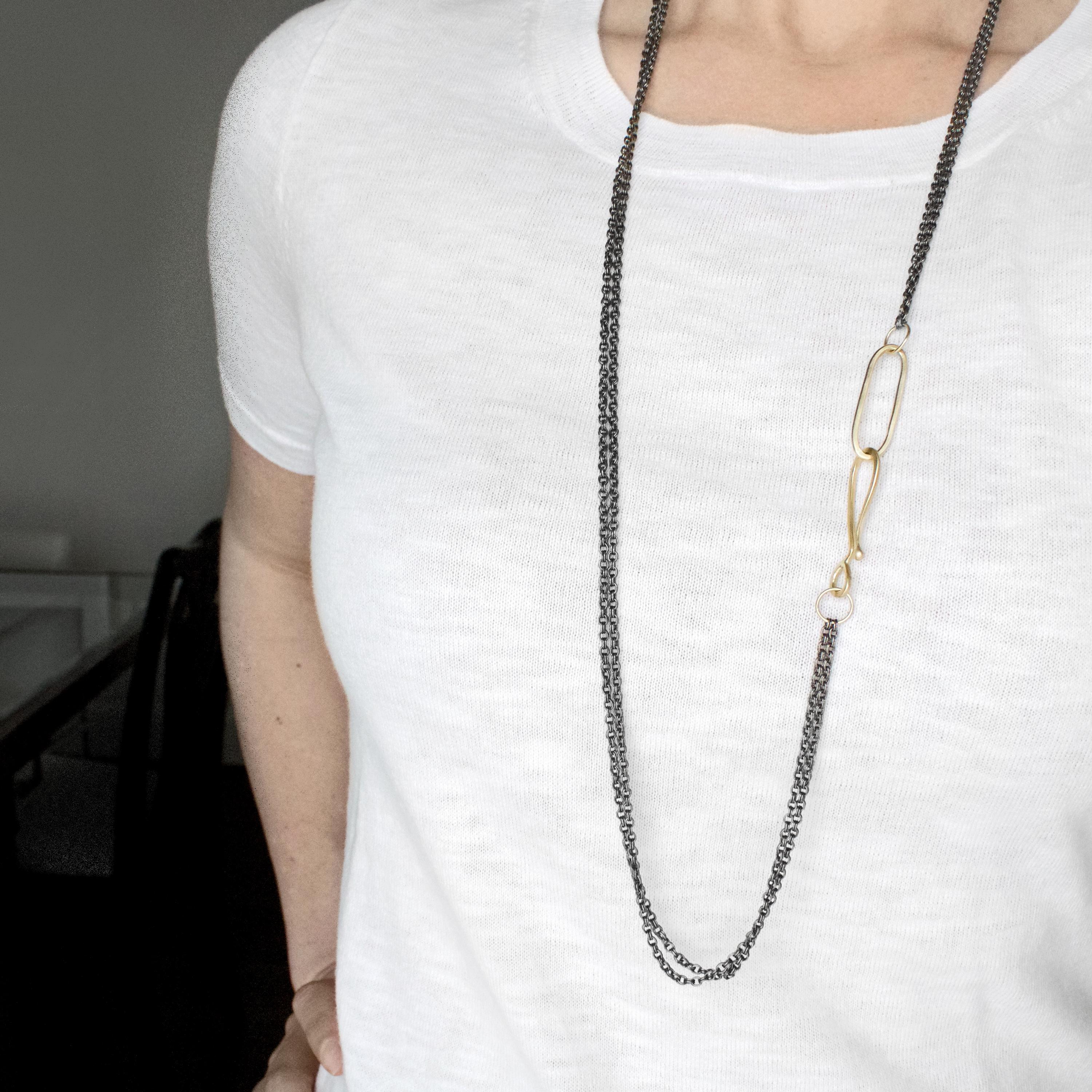 Long Layer Chain Necklace handcrafted by jewelry artist Lisa Ziff on a double black rhodium sterling silver chain with a 10k yellow gold large ornamental hook clasp. 39