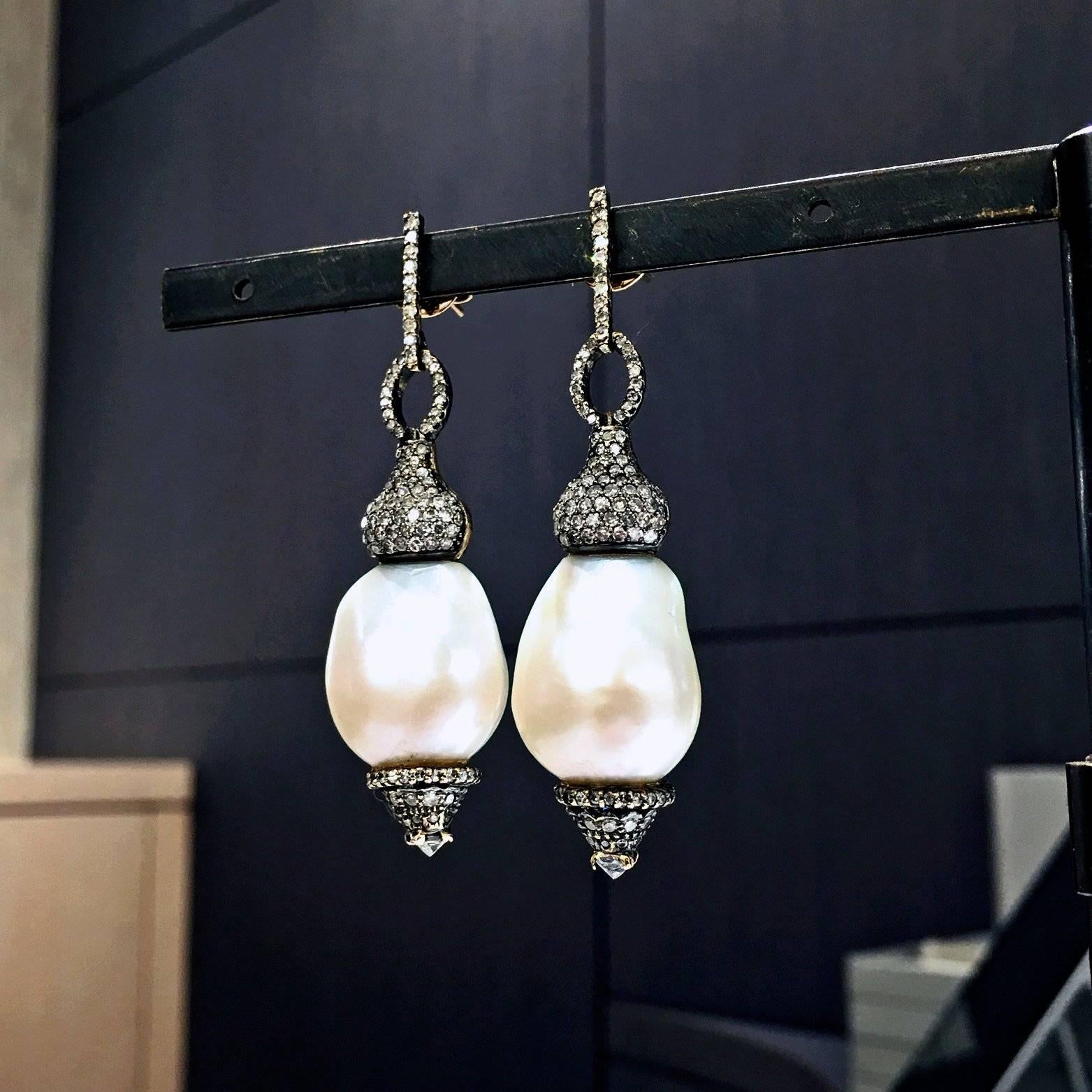 Artist One of a Kind Baroque Pearl White Diamond Hollywood Drop Earrings