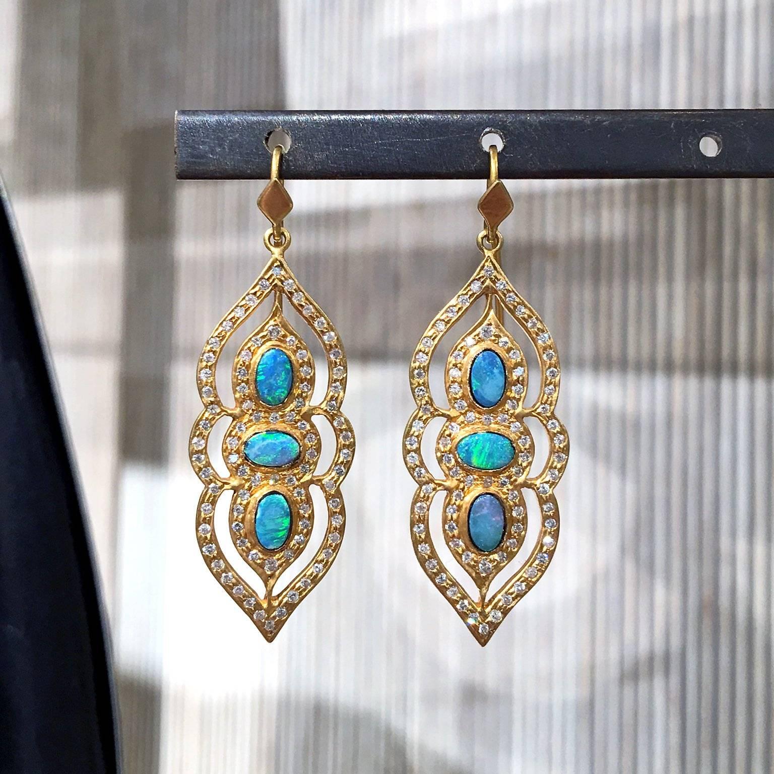 One of a Kind Arabesque Drop Earrings handcrafted in matte-finished 18k yellow gold by jewelry artist Lauren Harper with six vibrant boulder opal doublet oval cabochons and accented with 0.91 carats of round brilliant-cut white diamonds. 