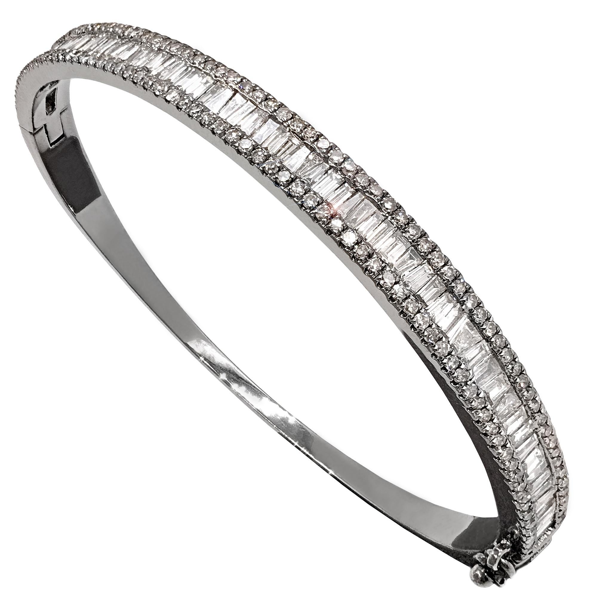 Tapered Baguette and Pave Diamond Hinged Silver Bangle Bracelet