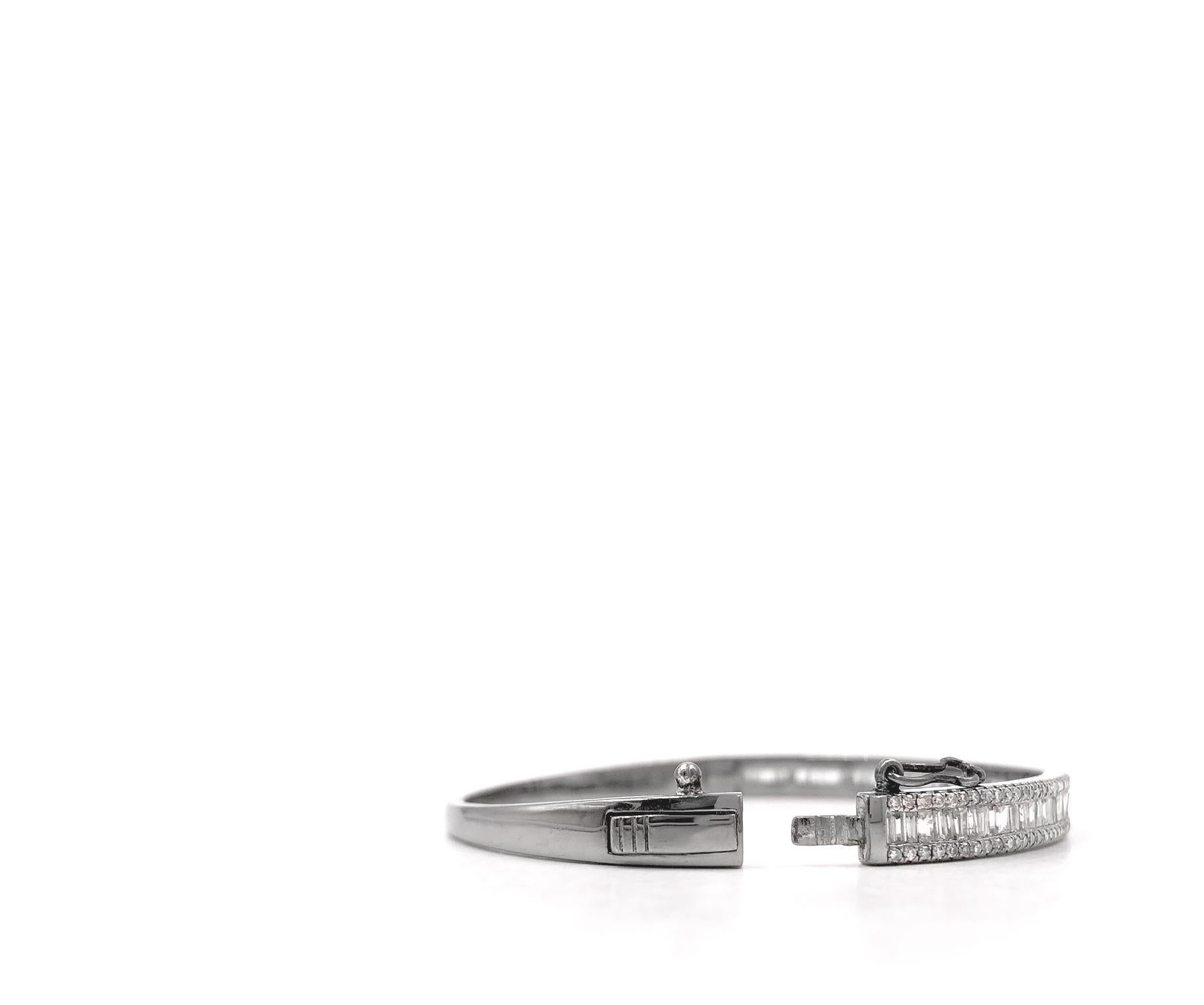 Artist Tapered Baguette and Pave Diamond Hinged Silver Bangle Bracelet