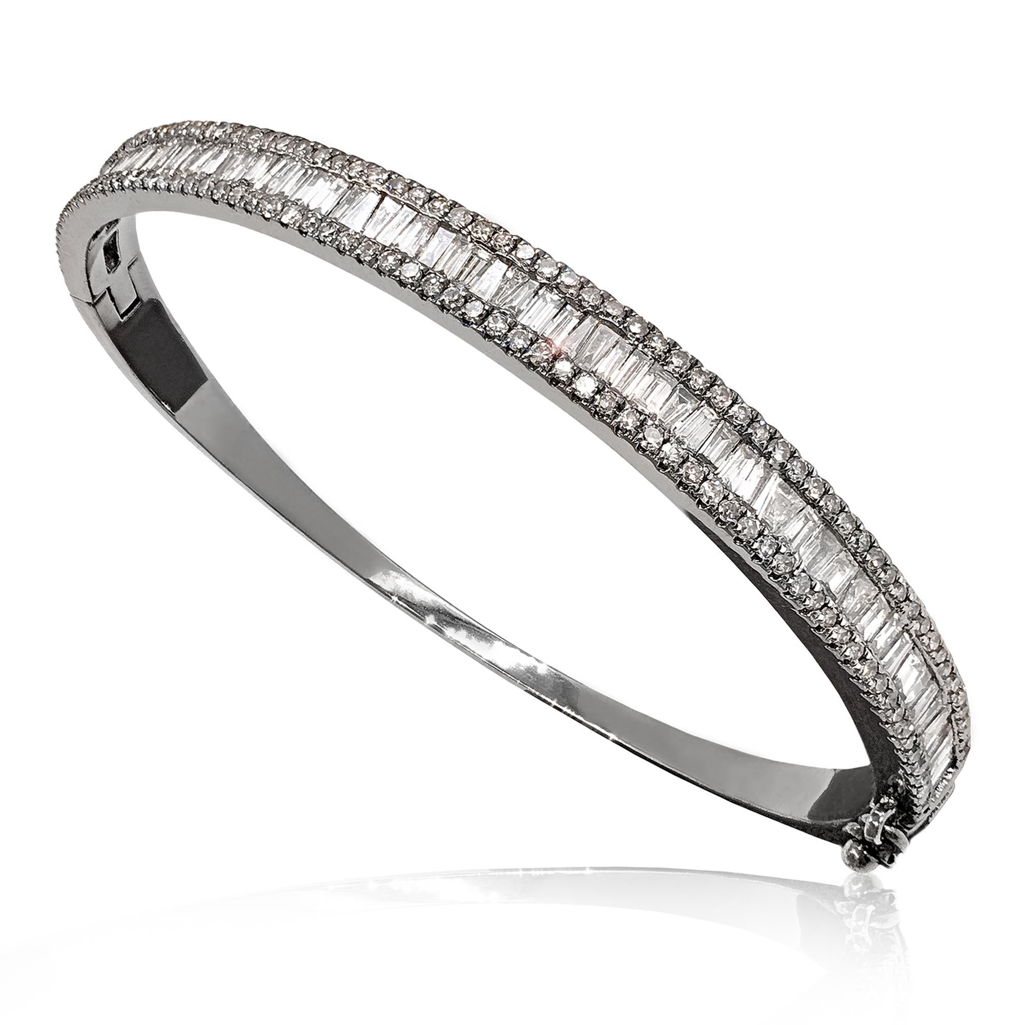 Baguette Cut Tapered Baguette and Pave Diamond Hinged Silver Bangle Bracelet