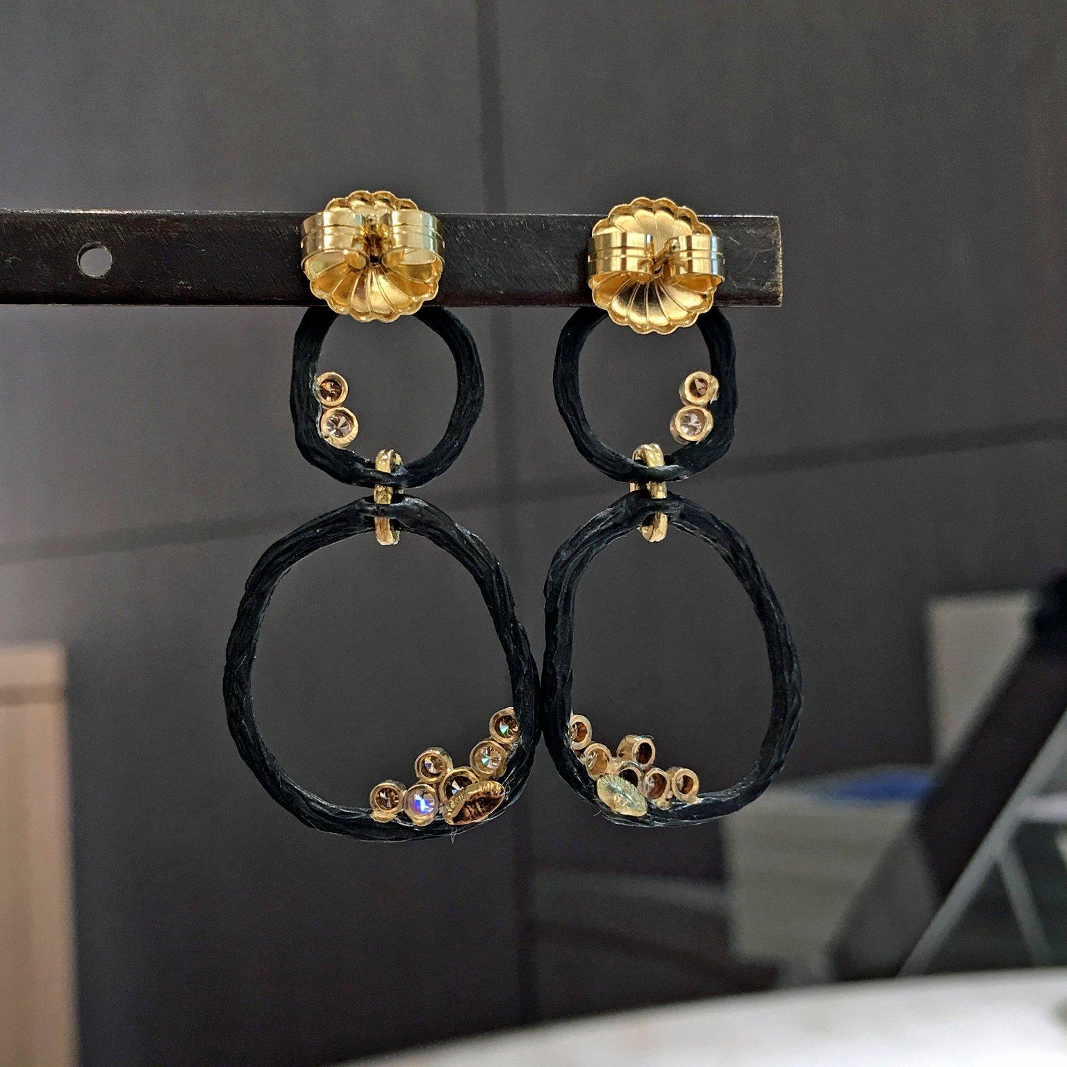 Artist Double Circle White and Cognac Diamond Gold Dangle Drop Earrings