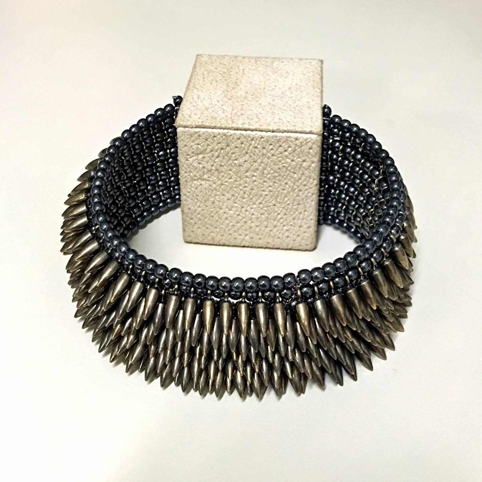 Artist Intricate Handmade Eight Row Steel Hematite Glass Bead Flexible Cuff Bracelet