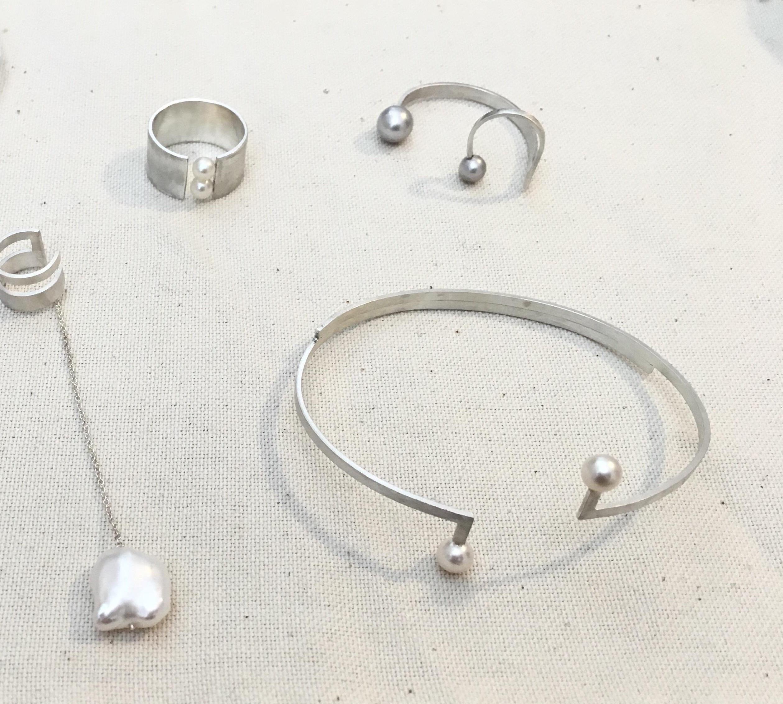 Artisan Sterling Silver Freshwater Pearls Open Line Ear cuff Earring For Sale