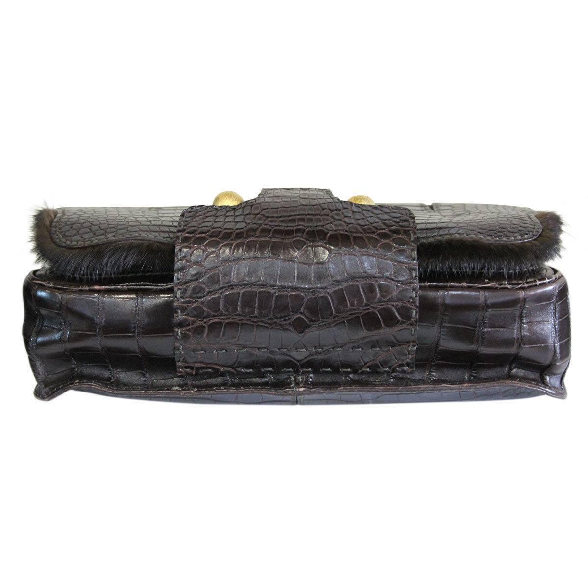 Fendi Rare Secret Code 8BN199 Brown Alligator & Mink Satchel Handbag Purse In Excellent Condition For Sale In Boca Raton, FL